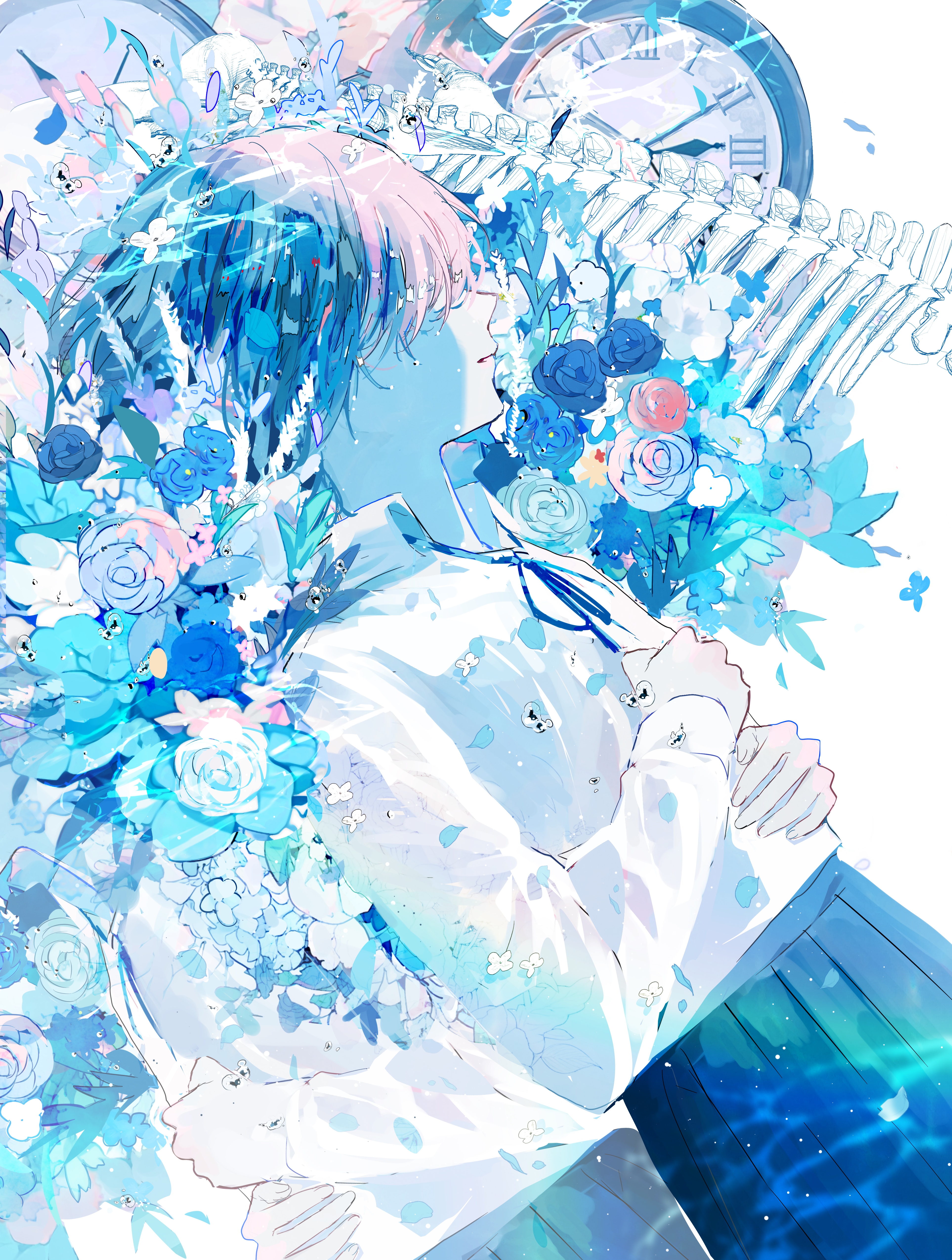 Schoolgirl surrounded by blue flowers and clocks HD Phone Wallpaper