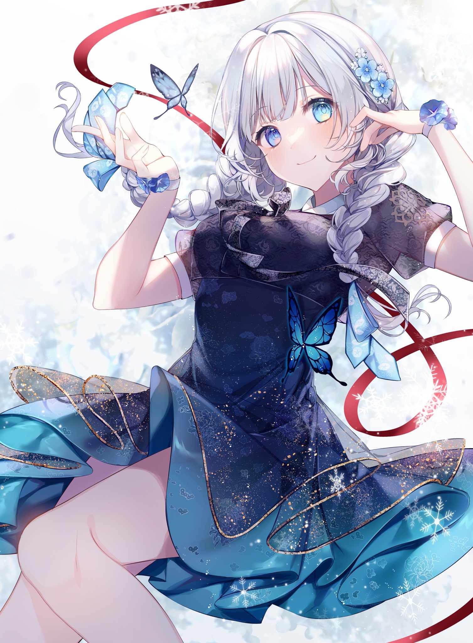 Anime girl with braids, blue eyes, and butterflies HD Phone Wallpaper