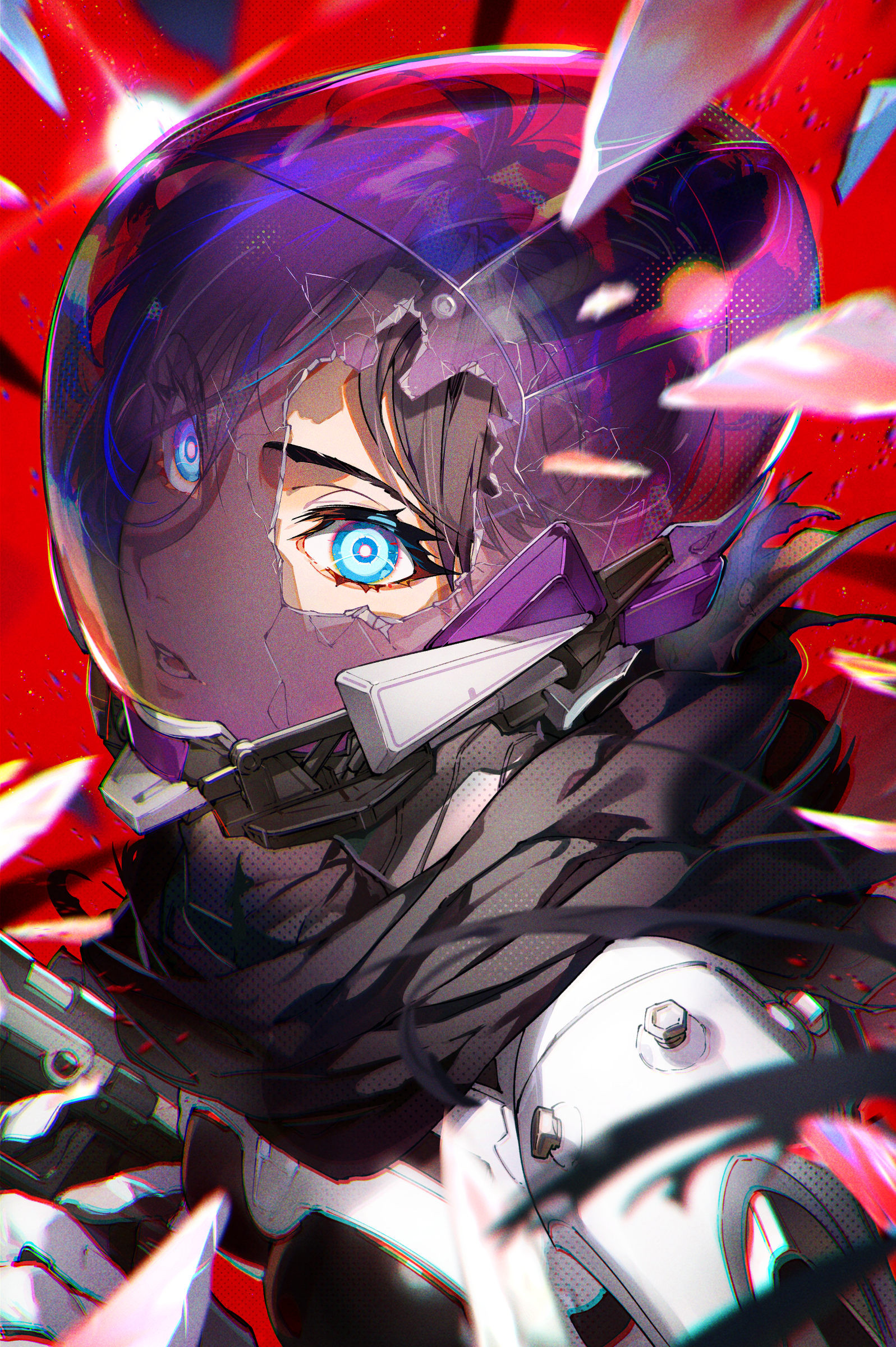 Woman in broken helmet with glowing blue eyes HD Phone Wallpaper