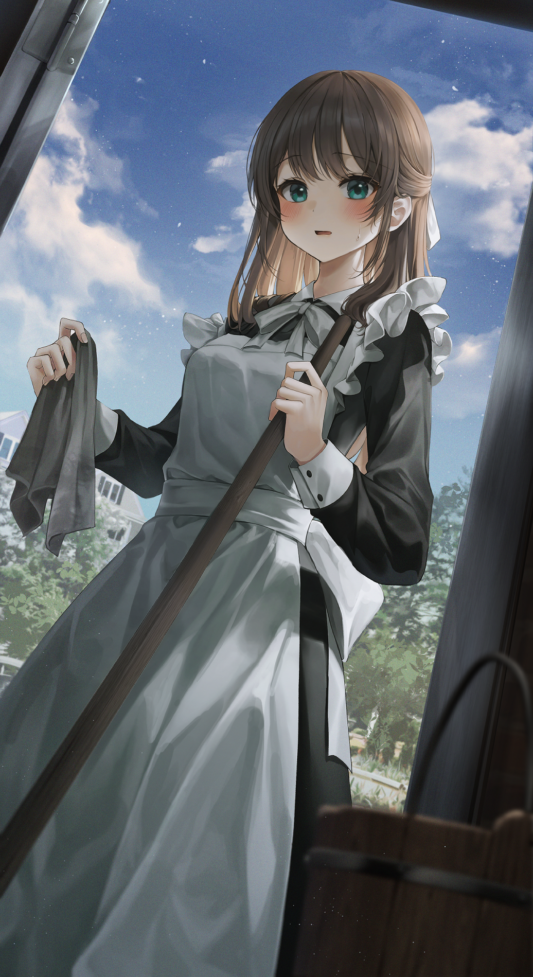 Maid with a towel and broom under the sky HD Phone Wallpaper