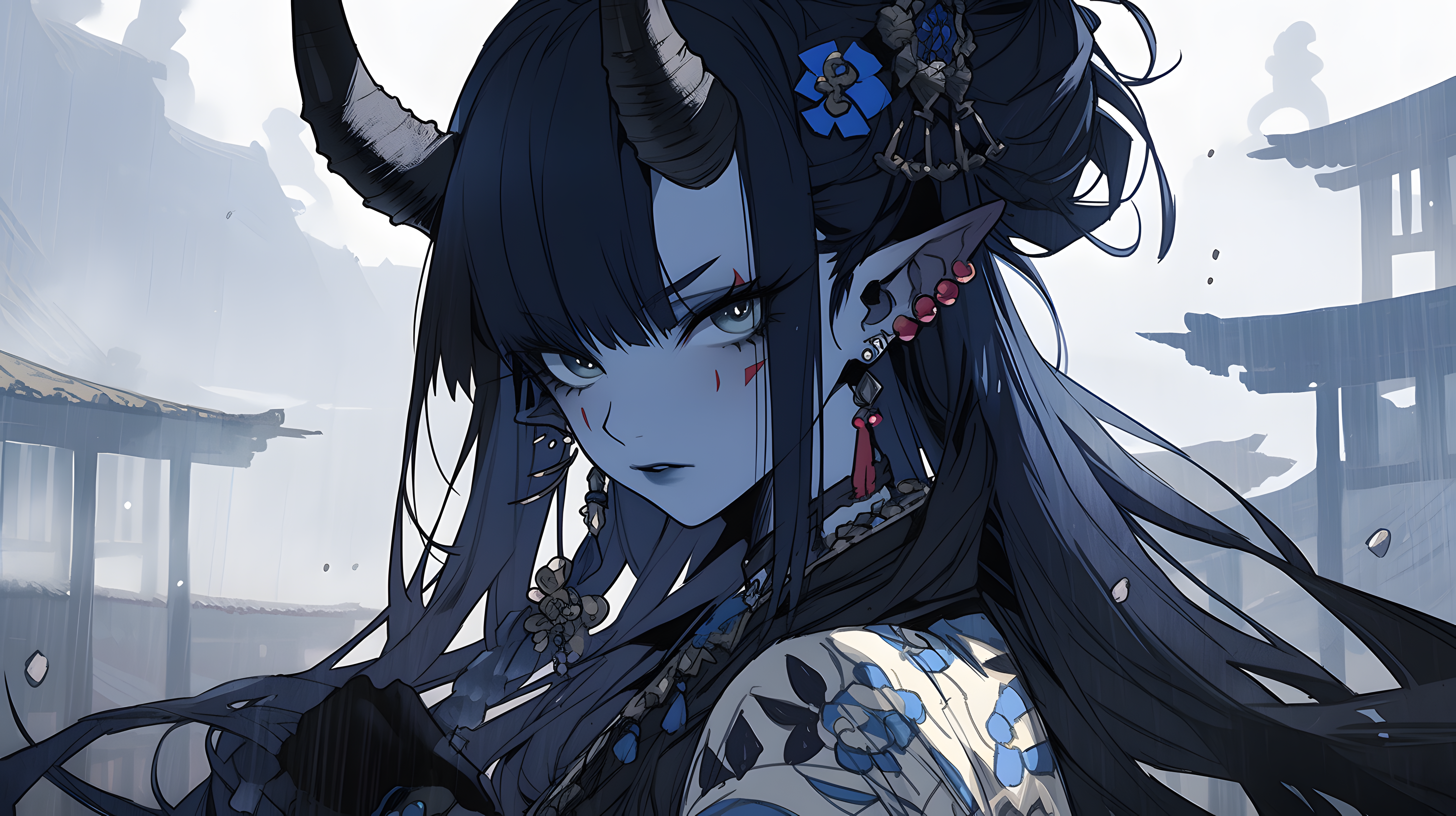 4K Anime Girl with Horns and Blue Flowers HD Wallpaper