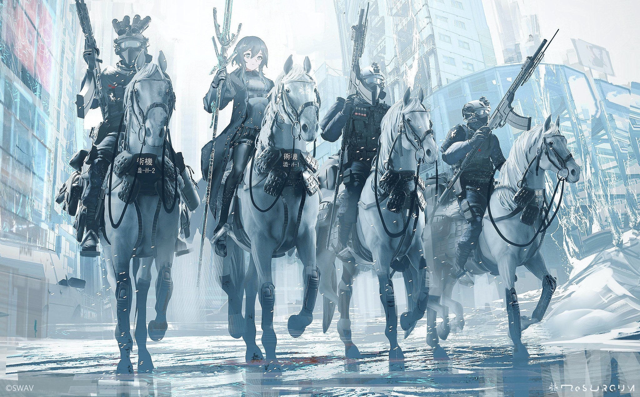 Soldiers on horseback in a futuristic city HD Wallpaper