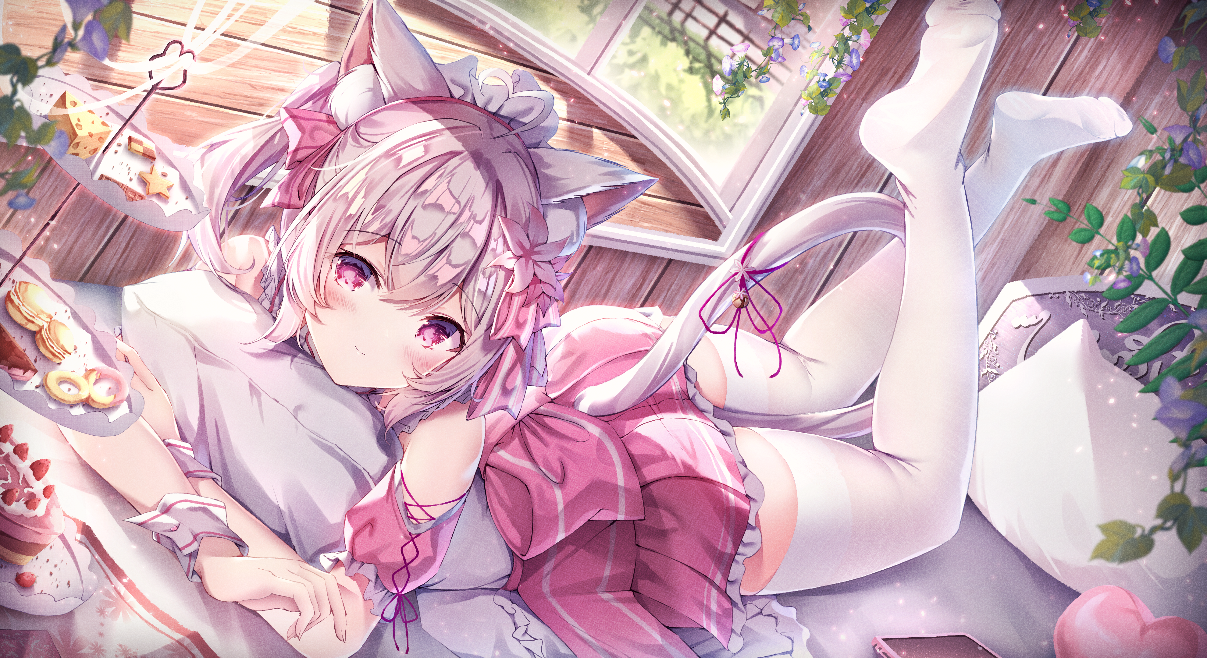 4K Cat Girl with Sweets and Flowers HD Wallpaper