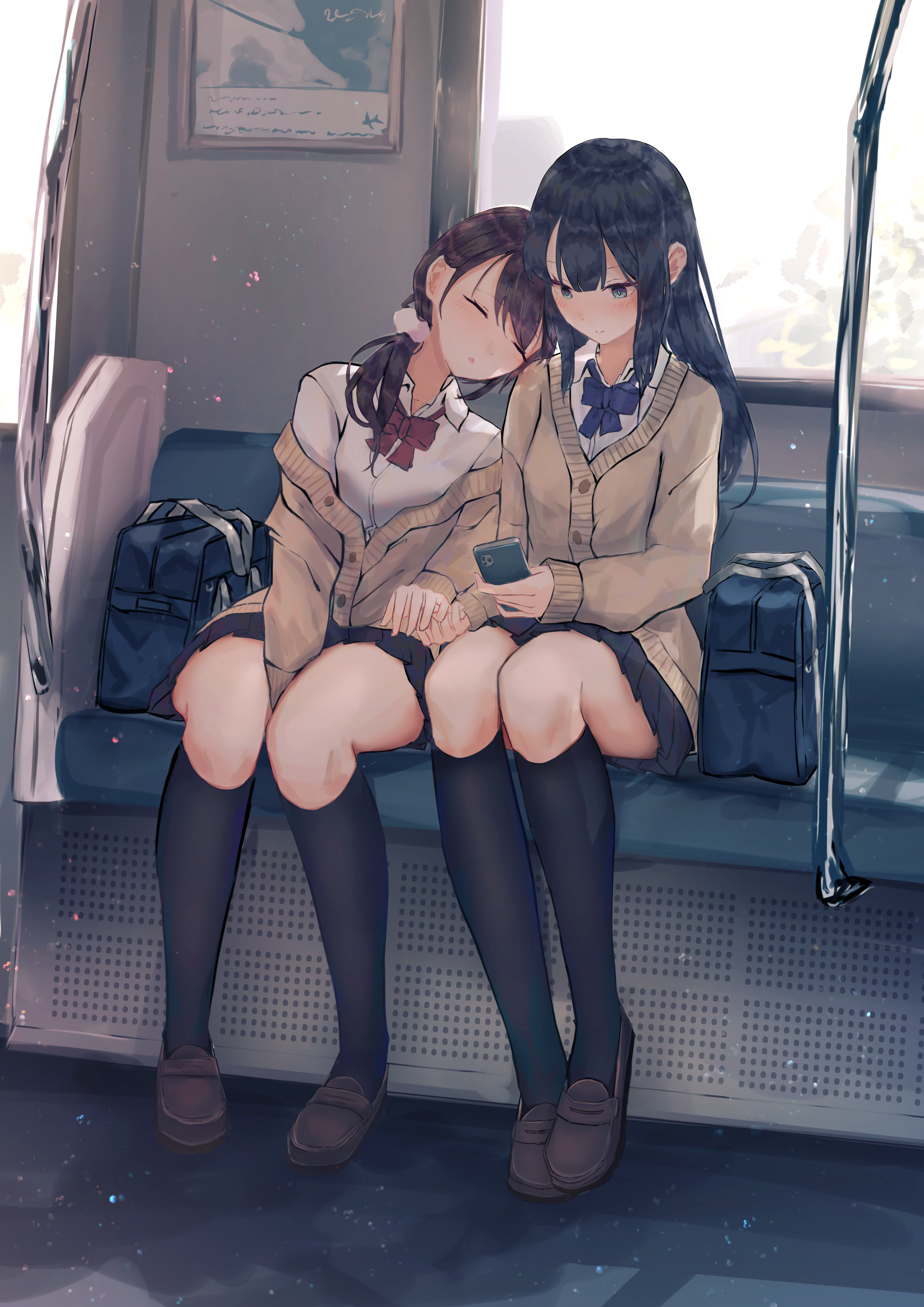 Two schoolgirls on a train with stockings HD Phone Wallpaper