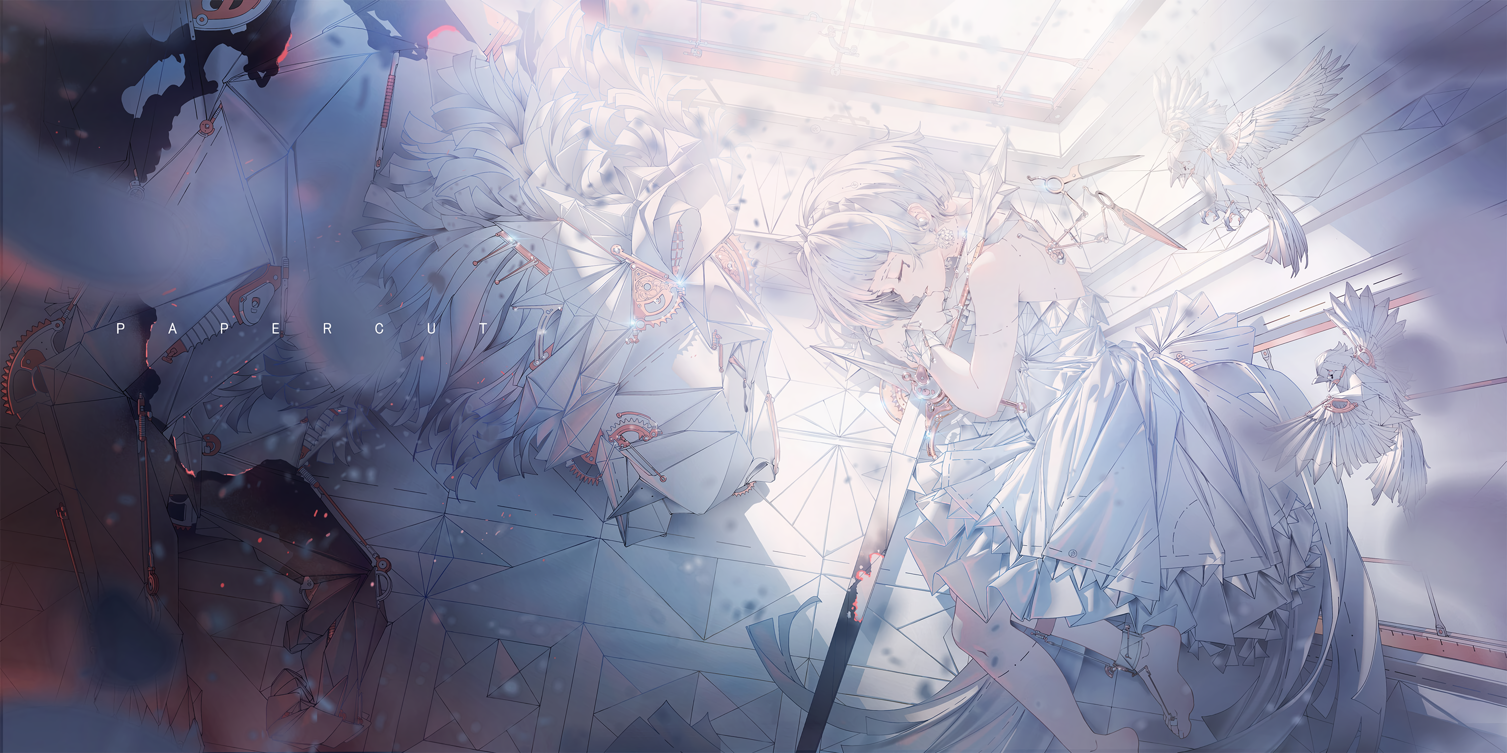 Papercut: Girl in white dress with birds and sword HD Wallpaper