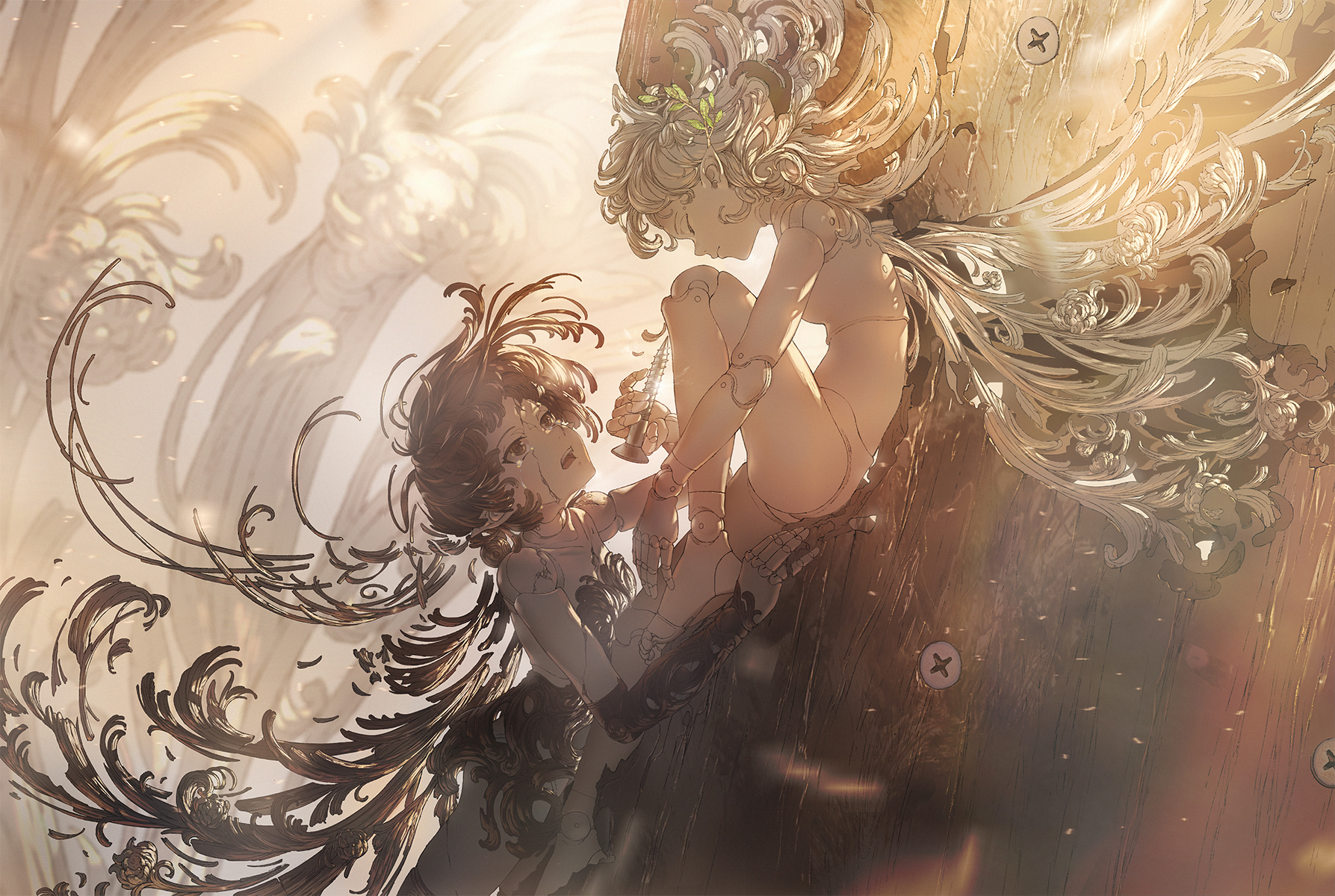 Two mechanical dolls with ornate details interact HD Wallpaper