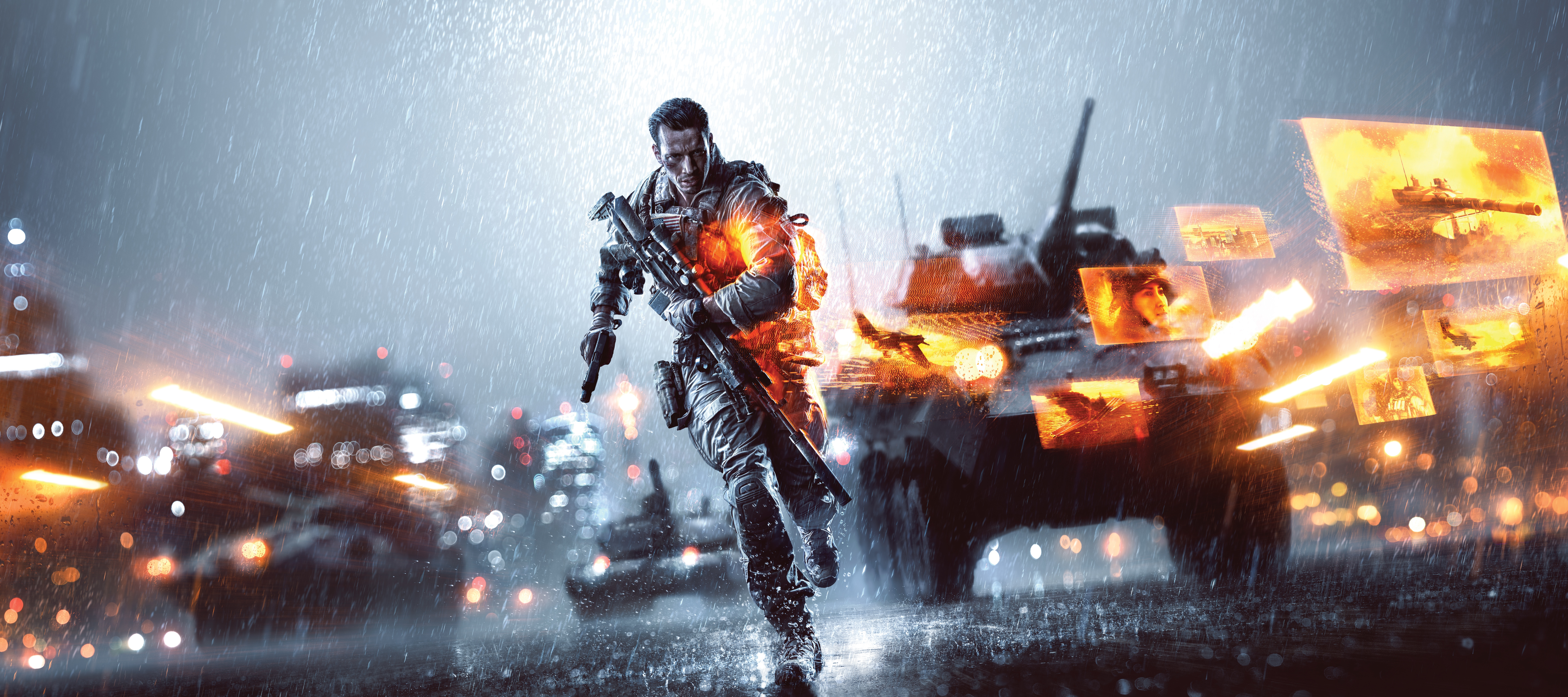 Battlefield 4 soldier running in the rain with a tank HD Wallpaper