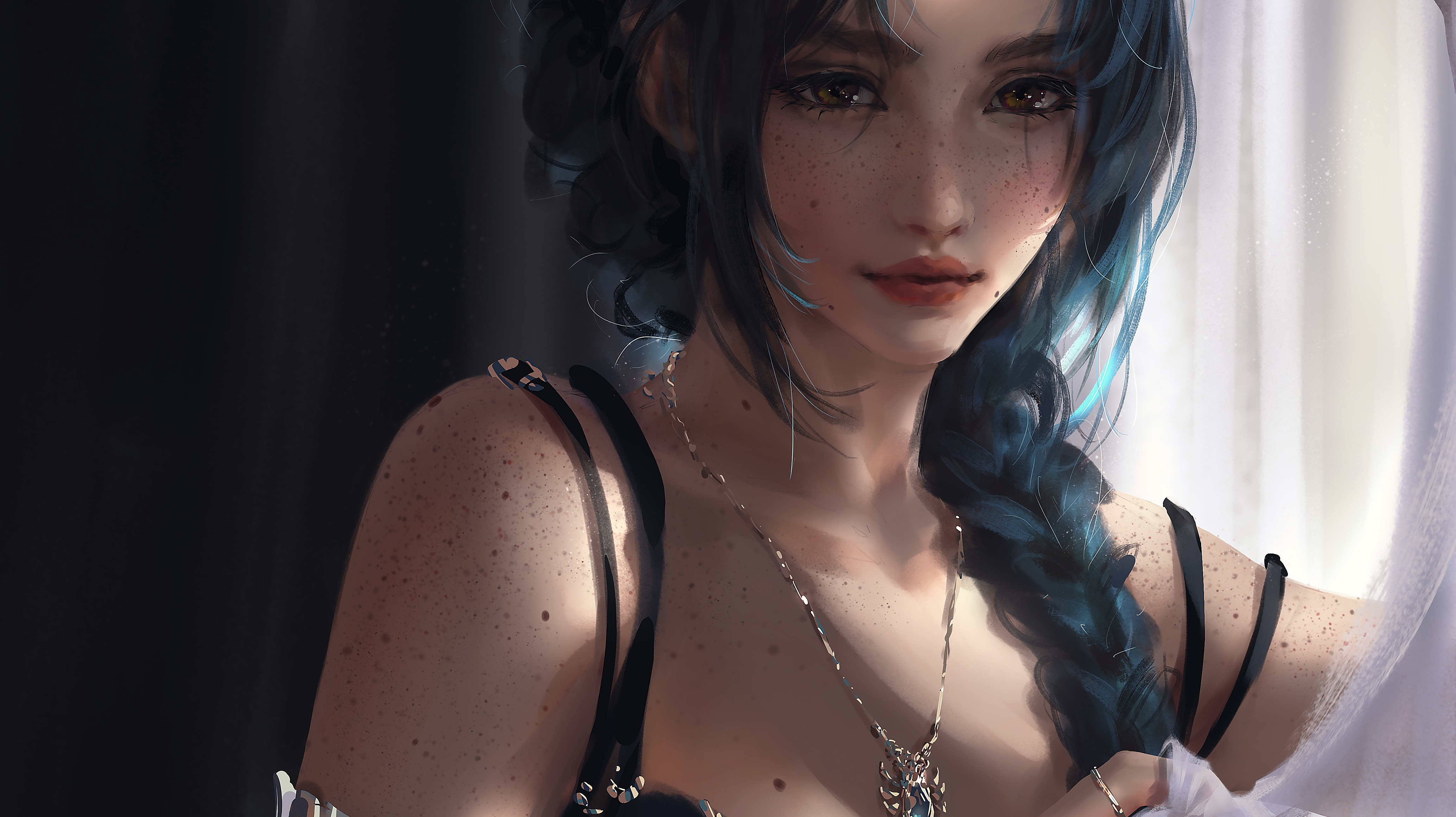 Artwork of a woman with freckles and braids HD Wallpaper