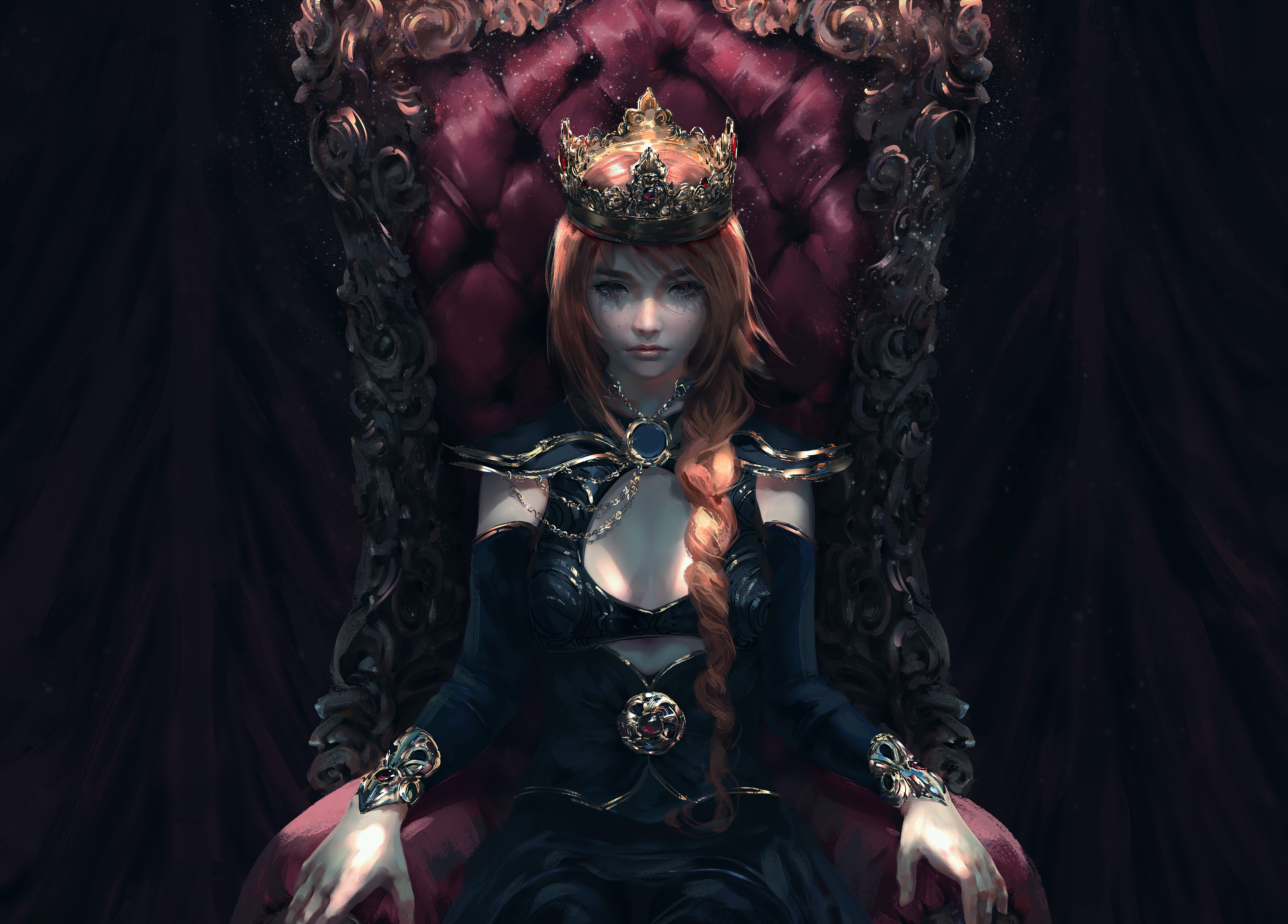 Queen with crown sitting on a throne HD Wallpaper