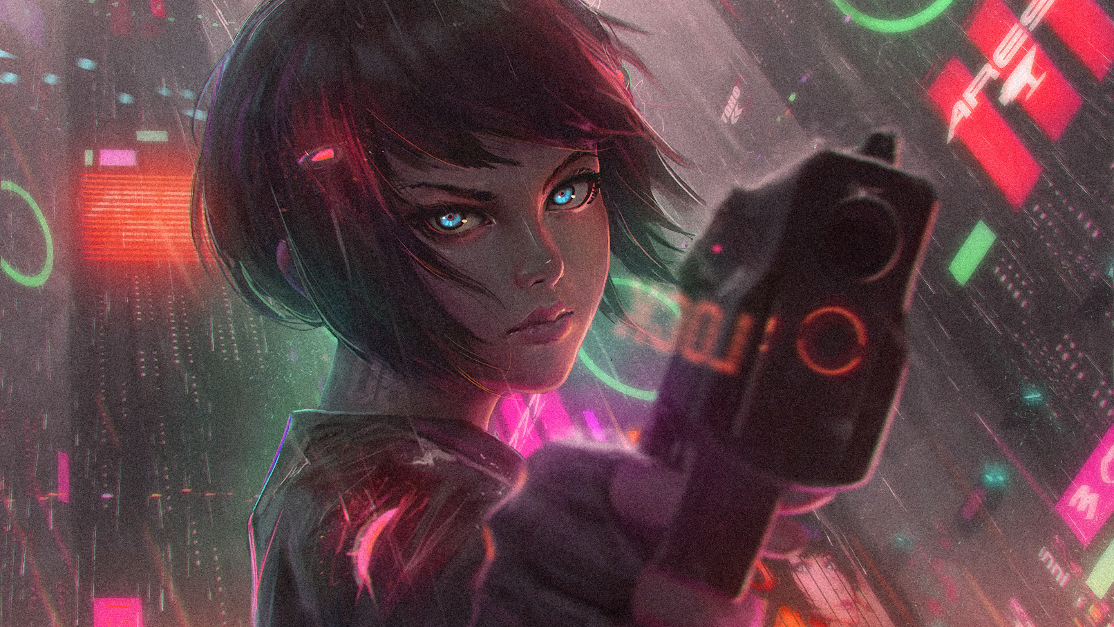 4K Cyberpunk Girl with Gun in Neon City HD Wallpaper