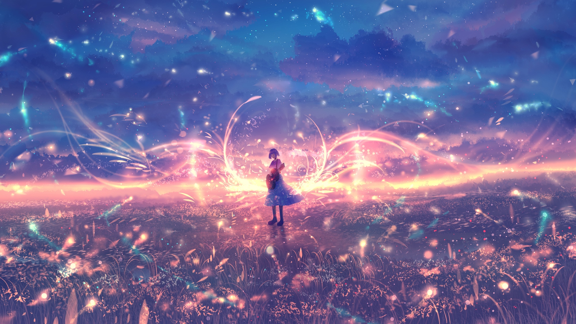 Girl in a field with glowing lights and clouds HD Wallpaper