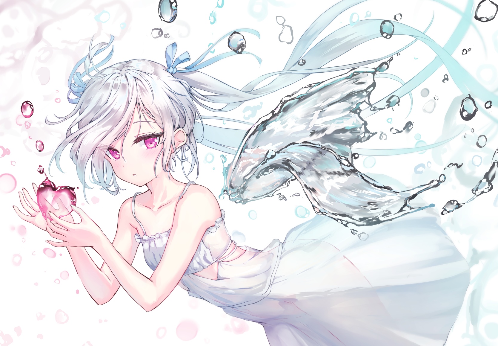 Anime girl with twintails holding a heart and water splashes HD Wallpaper
