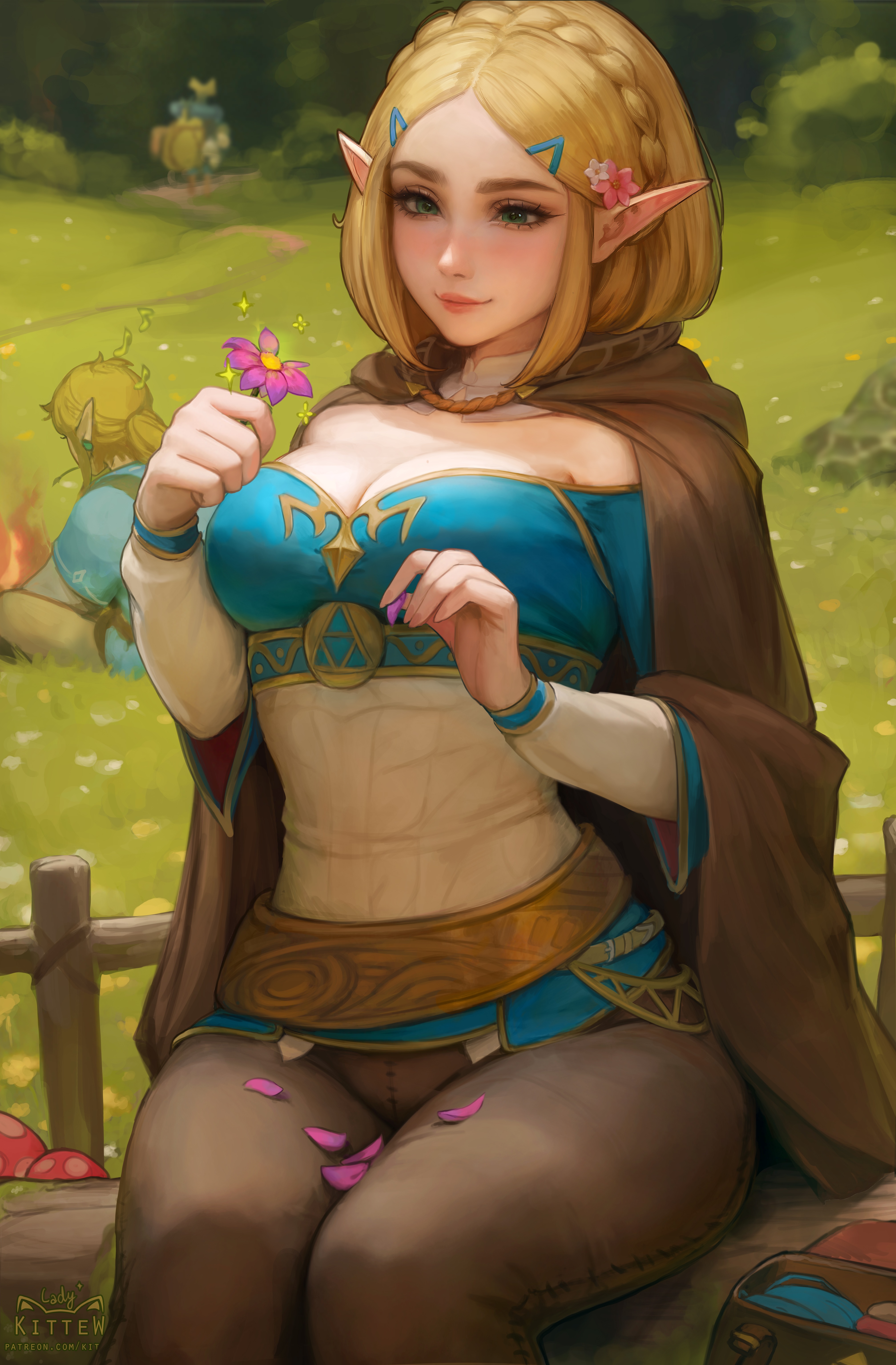 Zelda and Link in a field with flowers HD Phone Wallpaper
