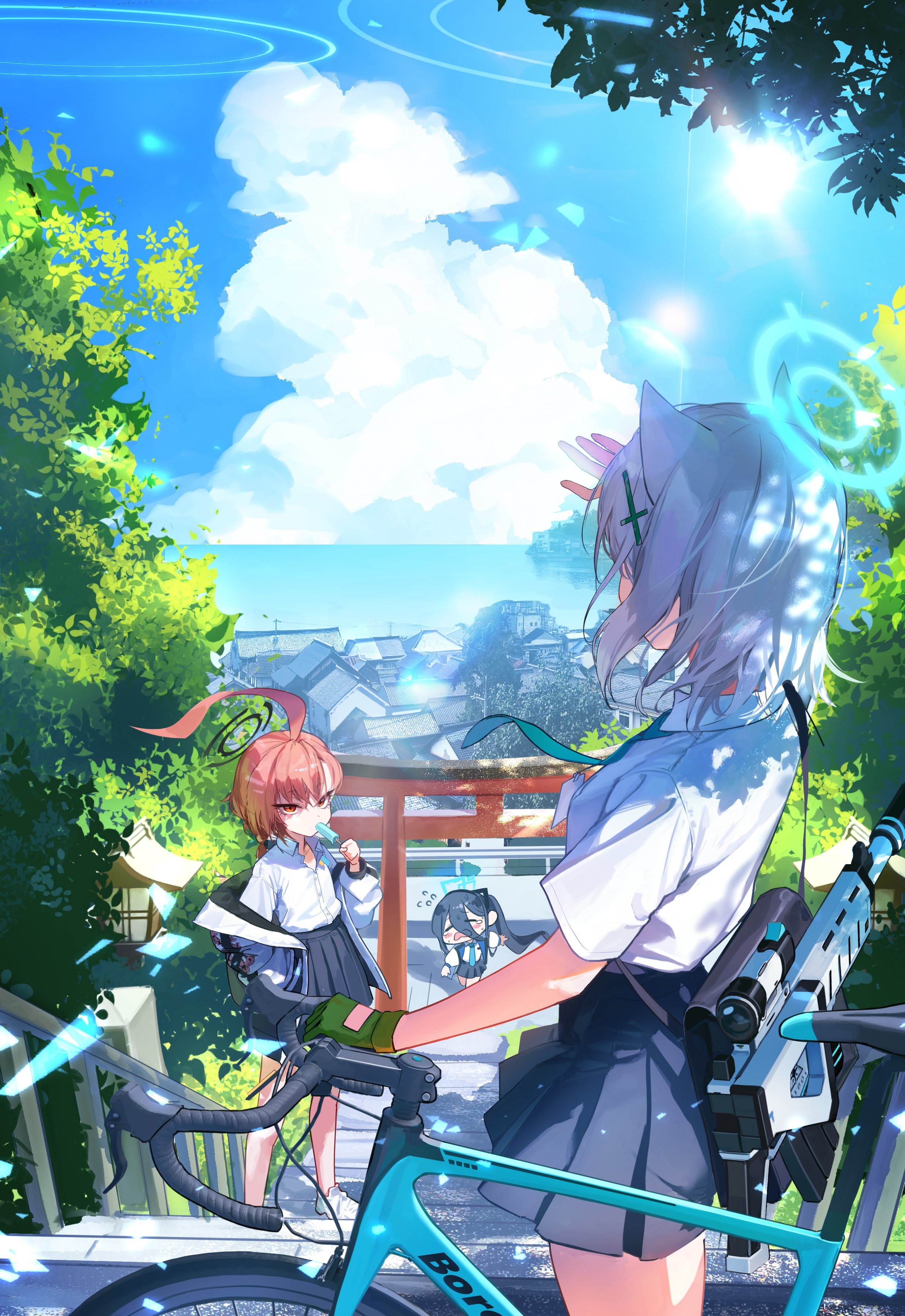 Blue Archive: Tendou Alice, Mikamo Neru, and Shiroko with Weapons HD Phone Wallpaper
