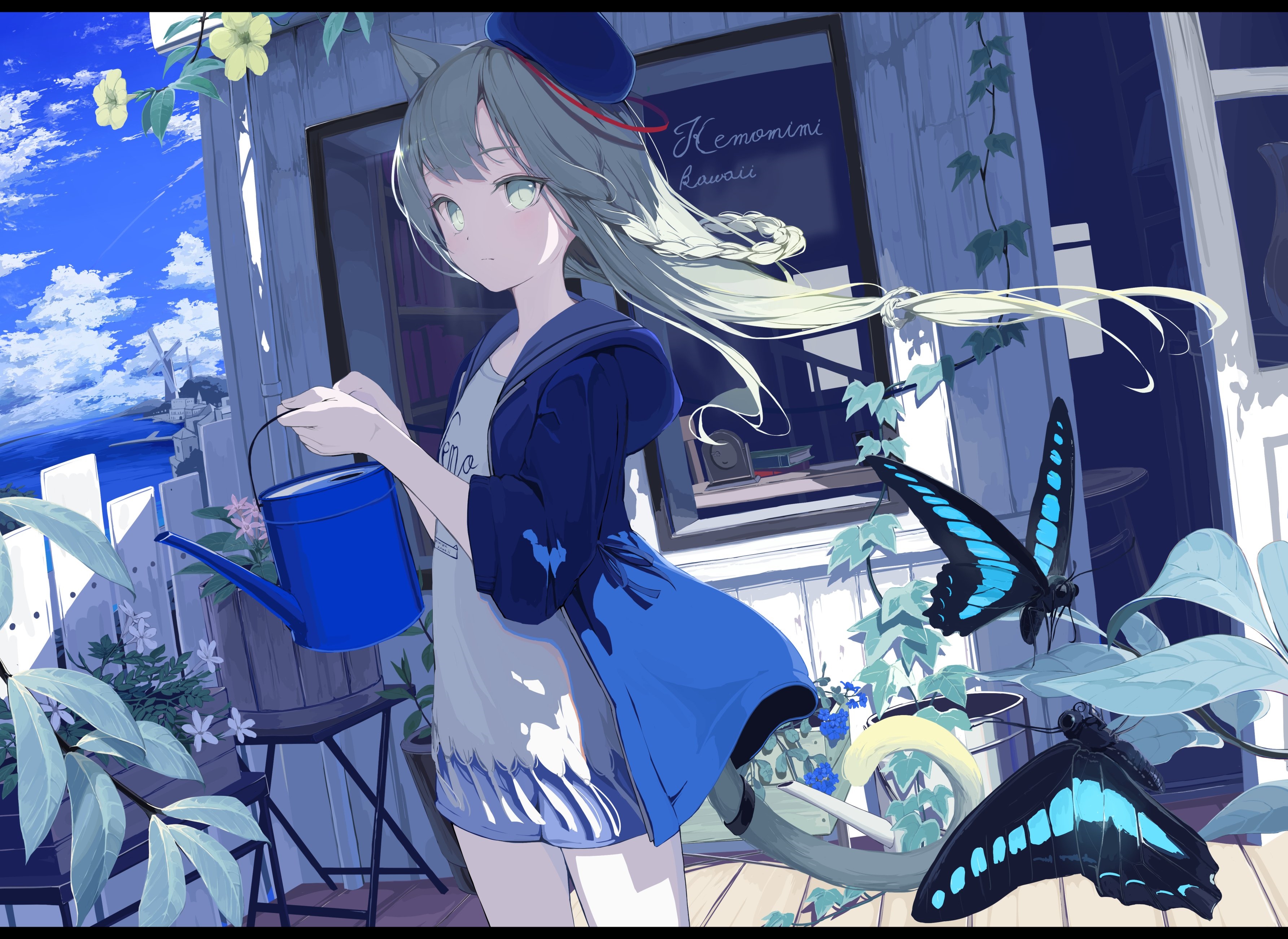 Cat girl with watering can and butterflies HD Wallpaper