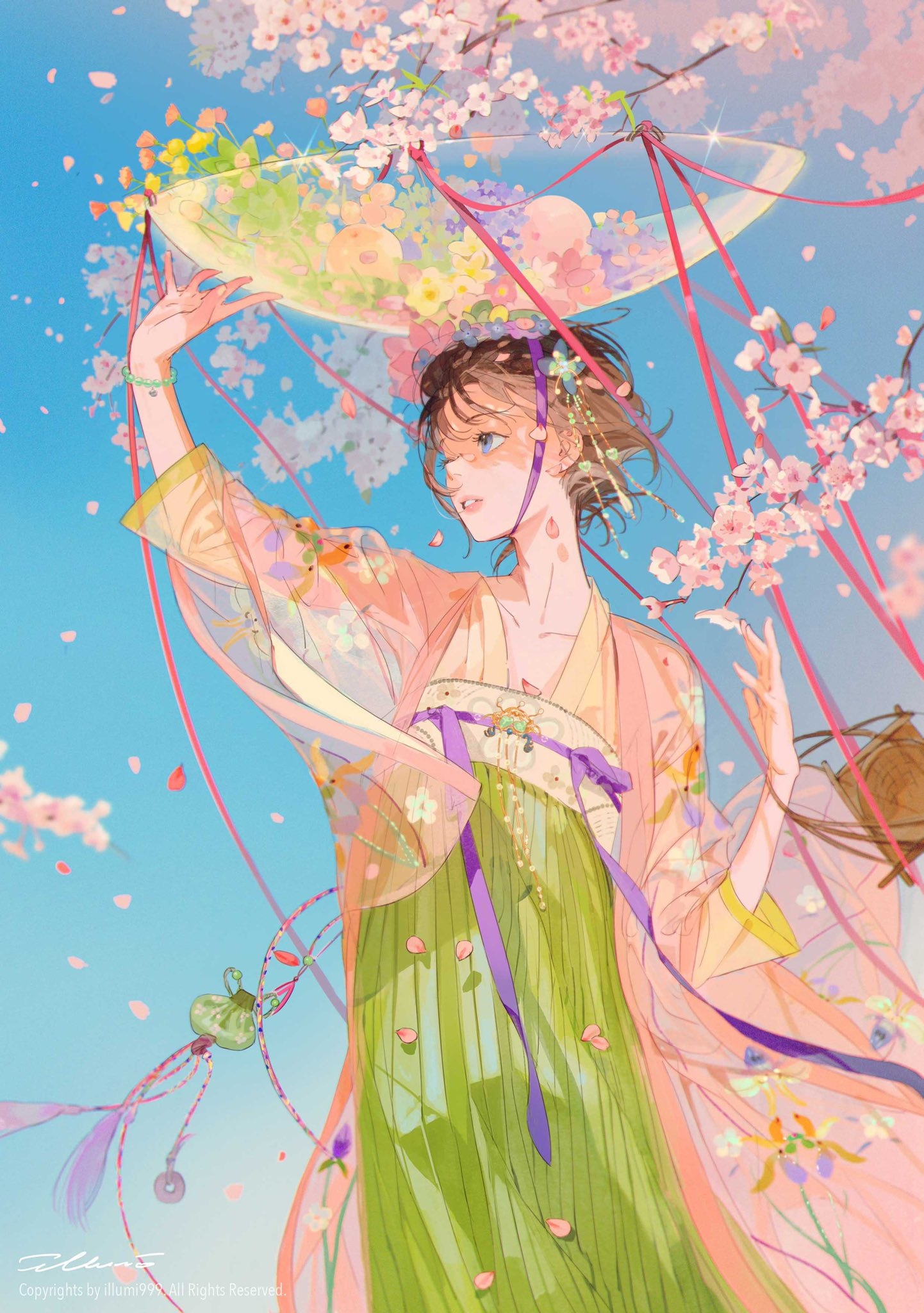 Girl in traditional Chinese clothing under cherry blossoms HD Phone Wallpaper