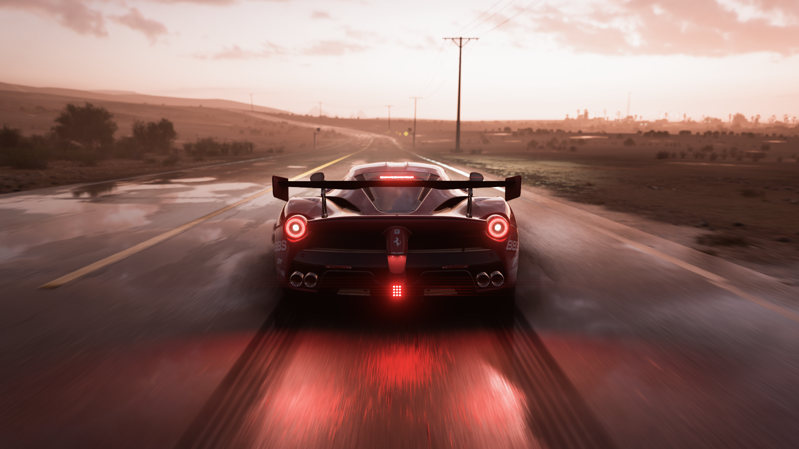 Ferrari driving on a wet road at sunset in Forza Horizon 5 HD Wallpaper
