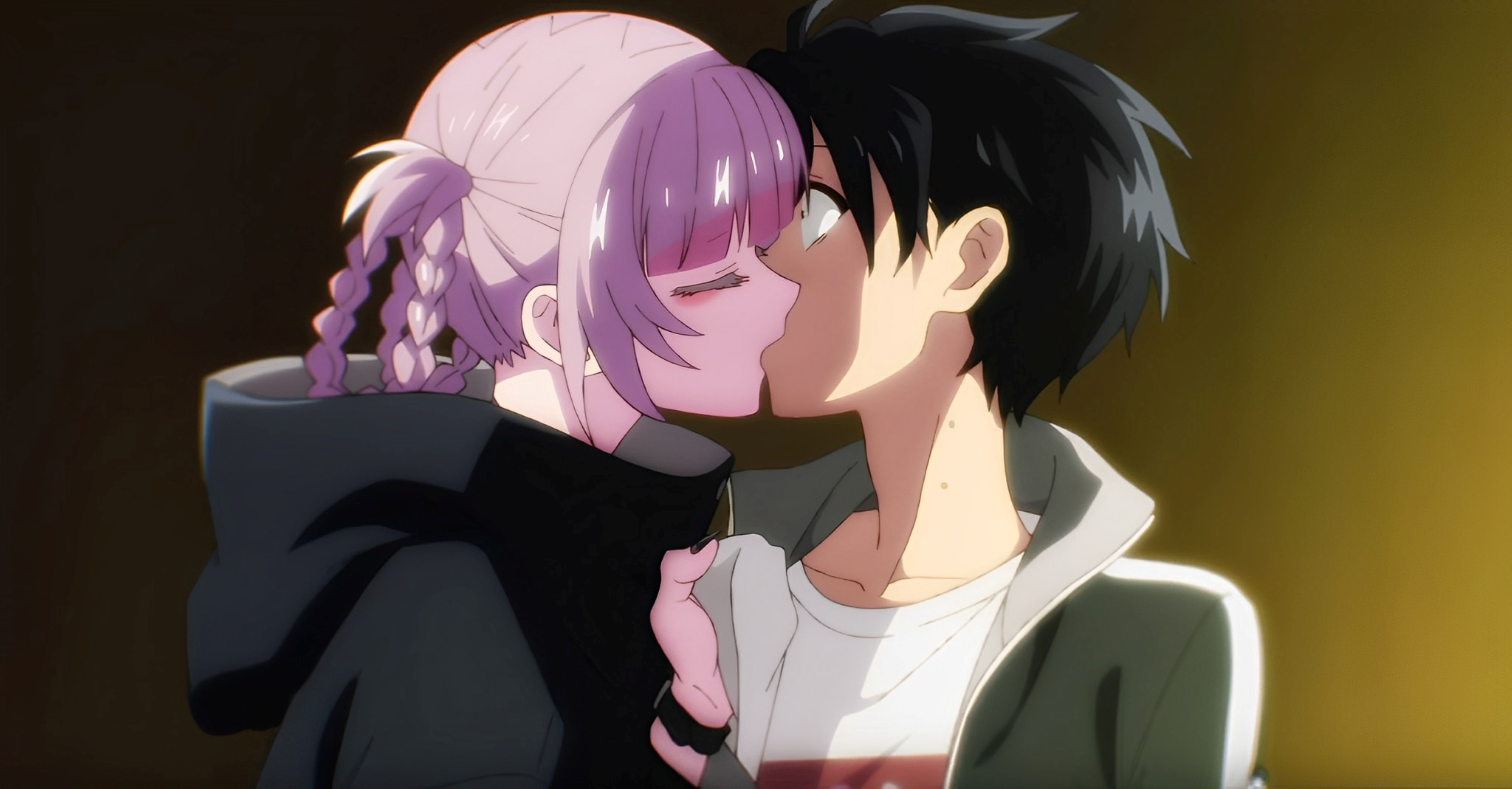 4K Anime screenshot of Nazuna and Kō kissing HD Wallpaper