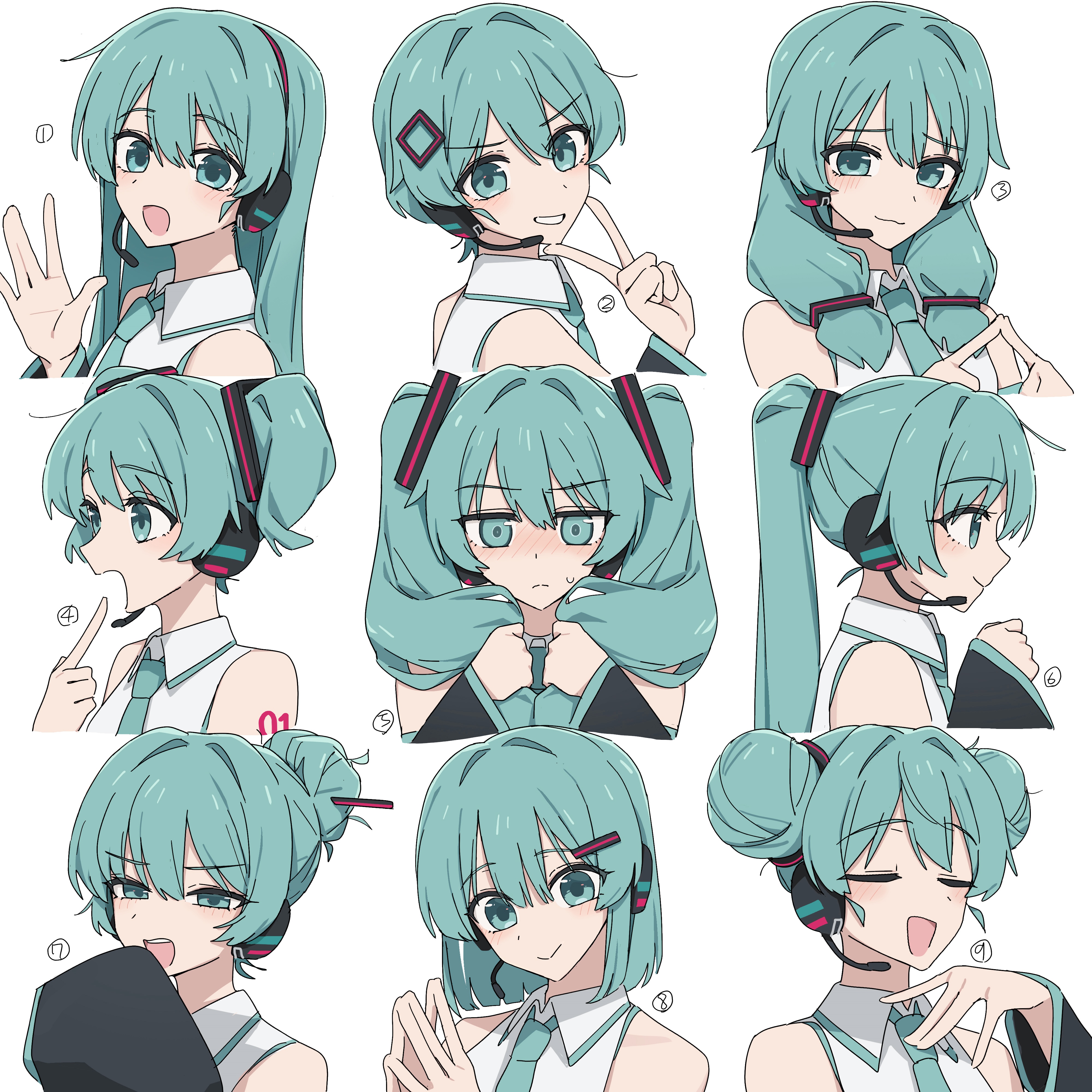 Hatsune Miku character concept art with different hairstyles HD Wallpaper