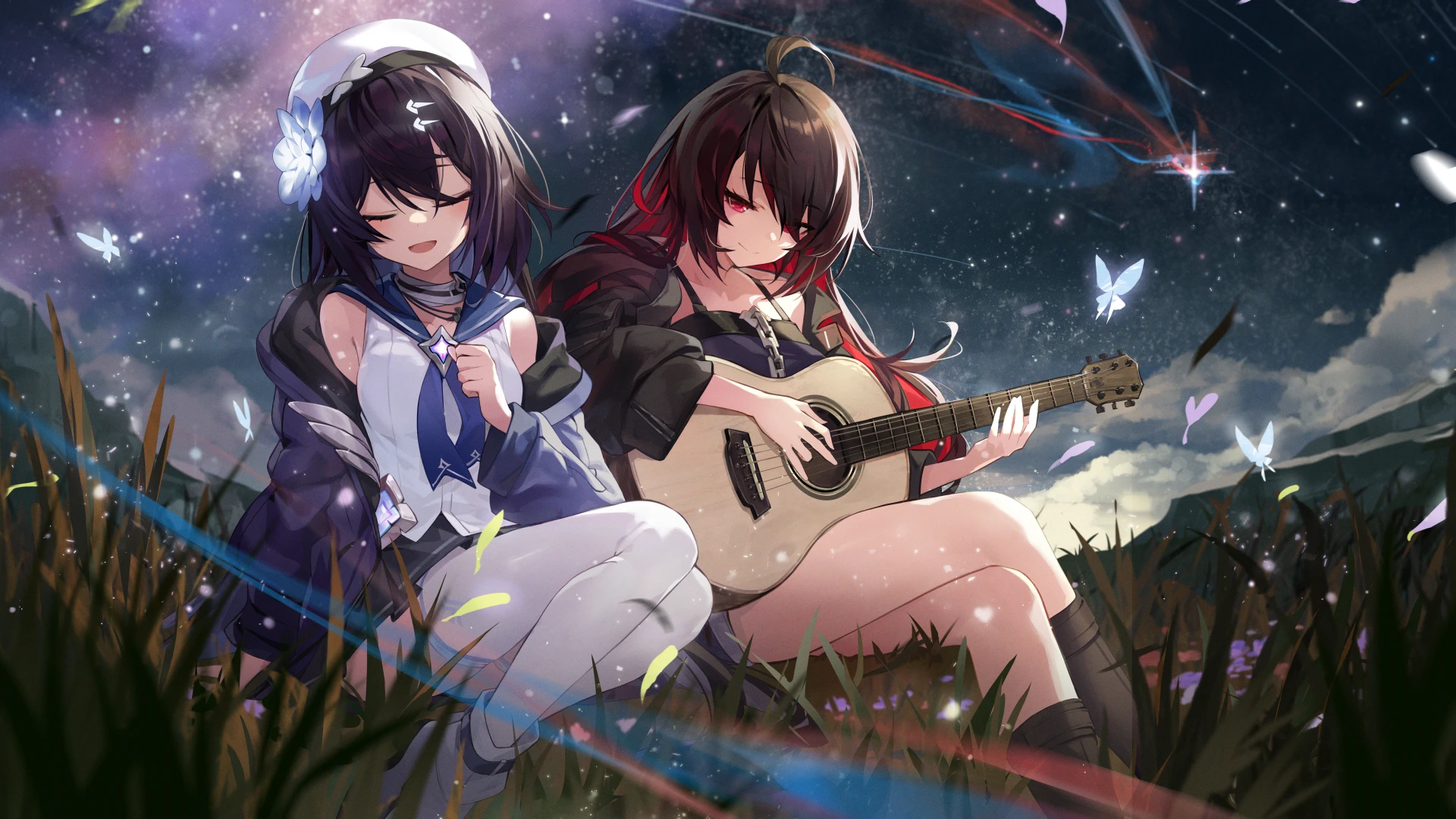 Seele and friend playing guitar under starry sky HD Wallpaper