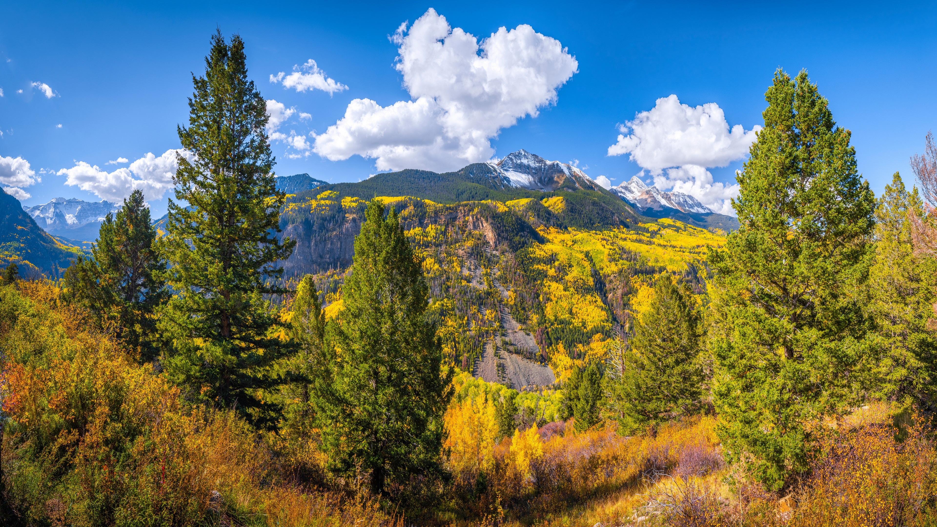 4K Fall Mountains with Snow and Trees in USA HD Wallpaper