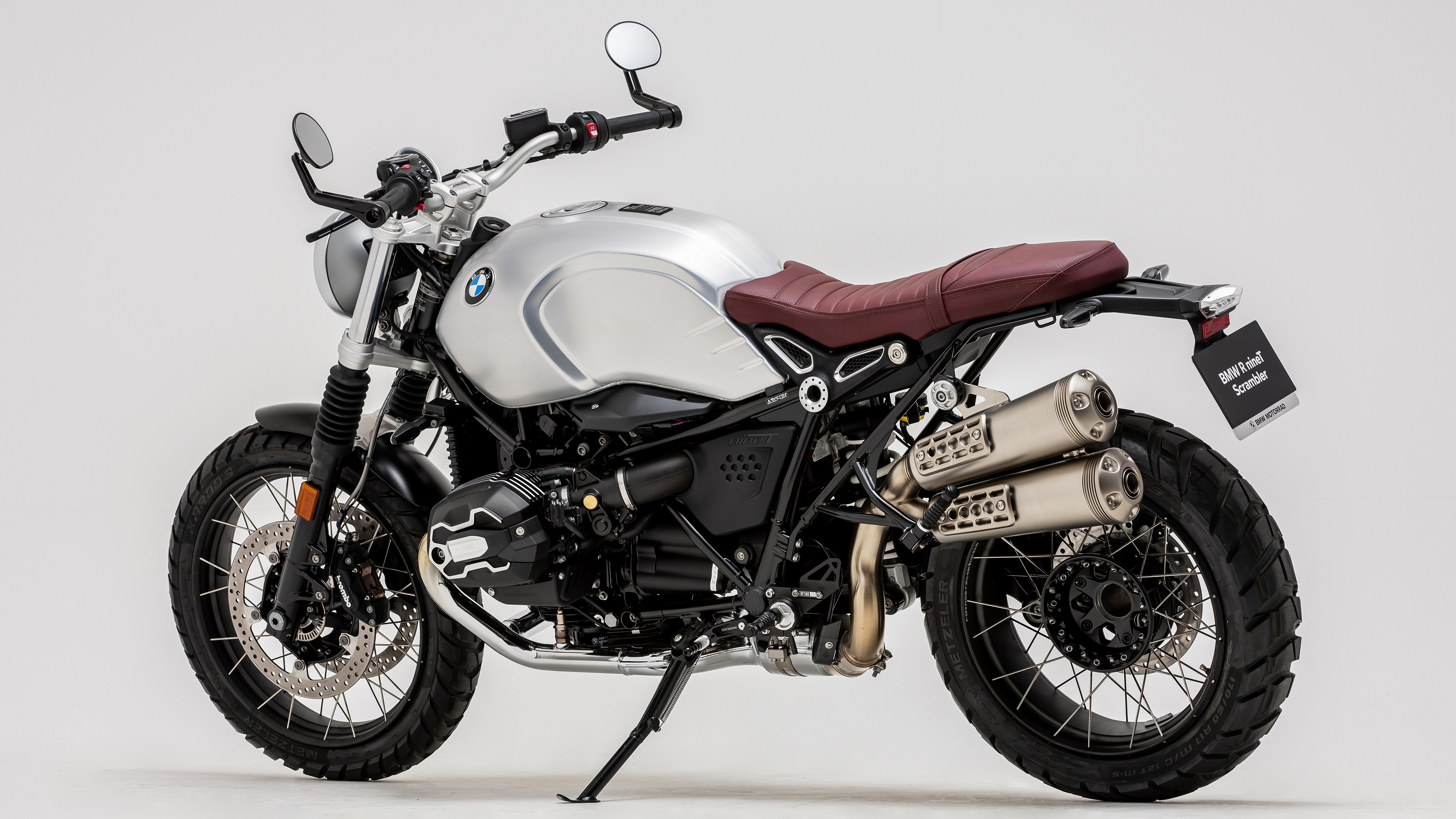 4K BMW R nineT Scrambler motorcycle on white background HD Wallpaper