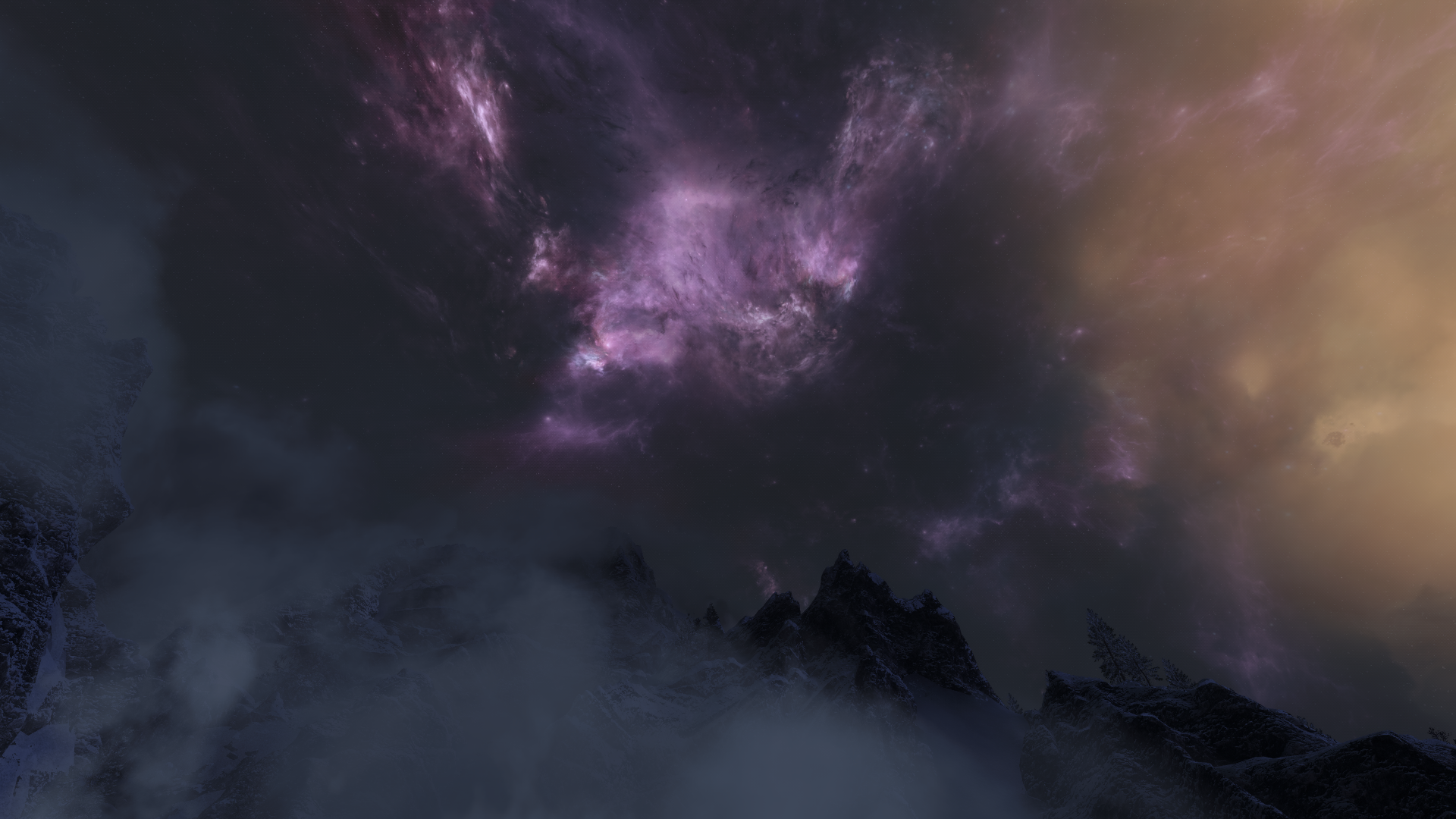 The Elder Scrolls V: Skyrim nebula and mountains HD Wallpaper