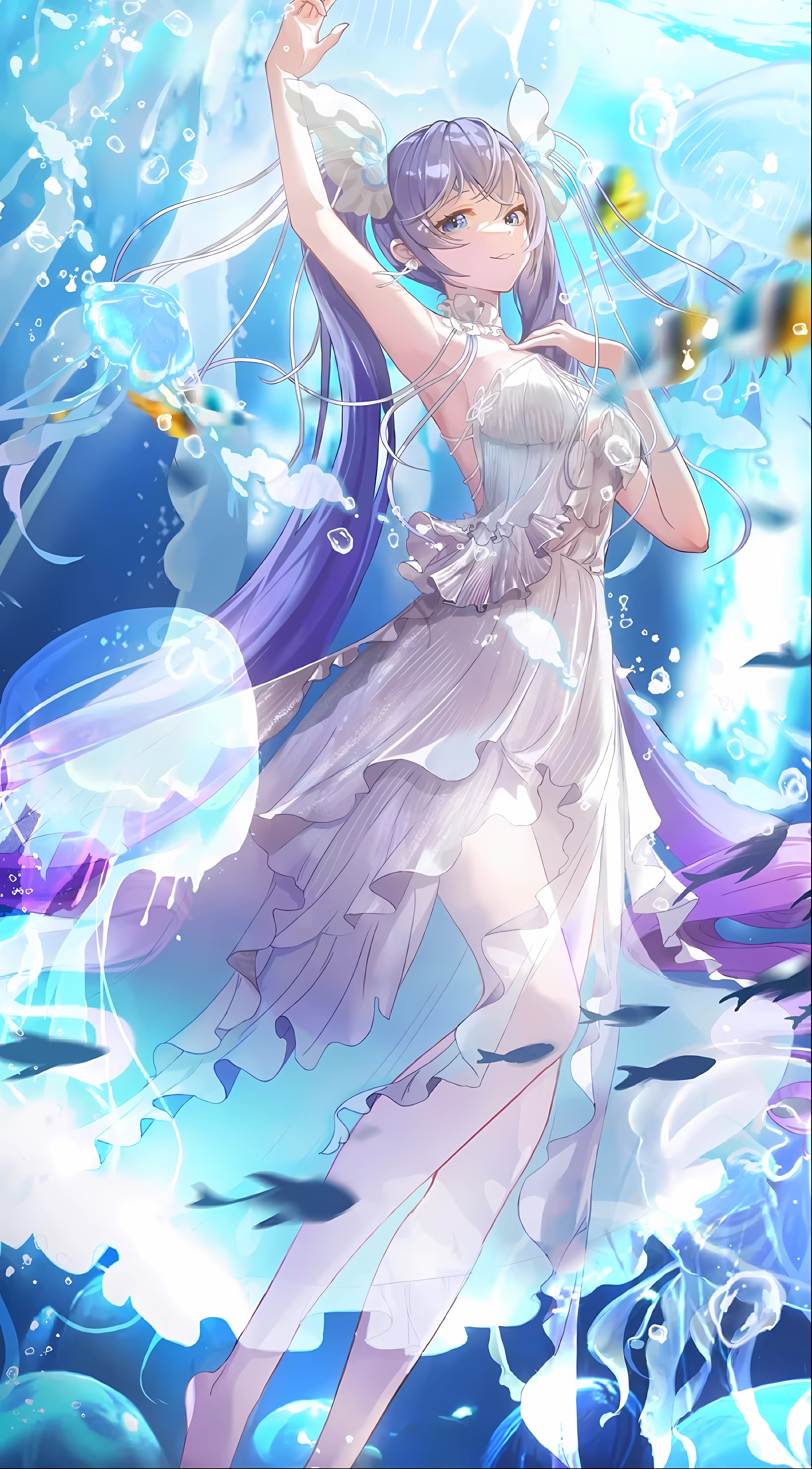 4K Virtual Idol Underwater with Jellyfish and Fish HD Phone Wallpaper