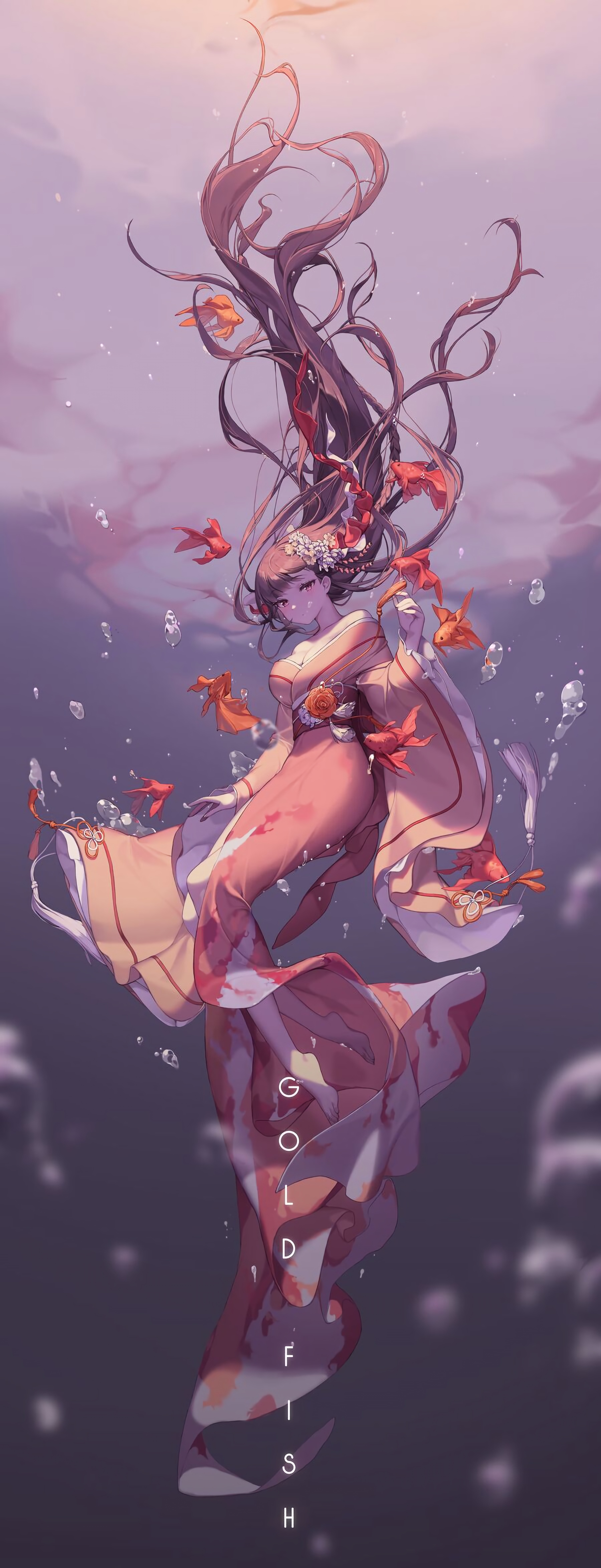 Anime girl in kimono underwater with goldfish HD Phone Wallpaper