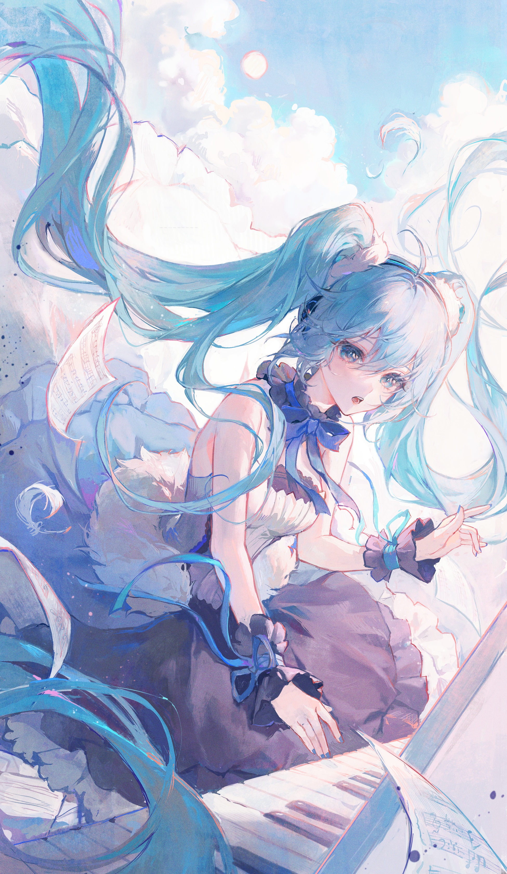 Hatsune Miku playing piano with clouds in the sky HD Phone Wallpaper