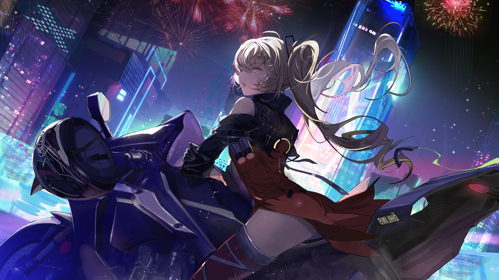 Girl with twintails on a motorcycle with fireworks HD Wallpaper