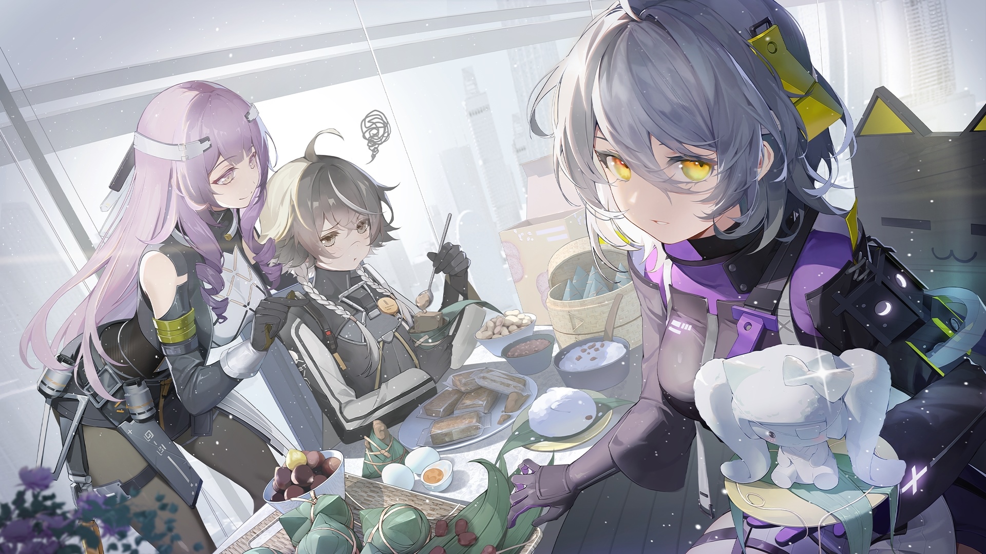 Three girls in uniforms eating food HD Wallpaper