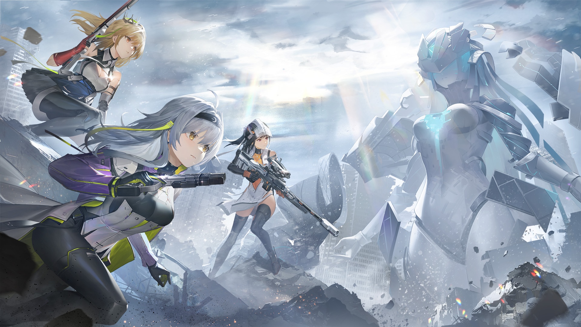 Four girls with guns facing a giant robot in a ruined city HD Wallpaper