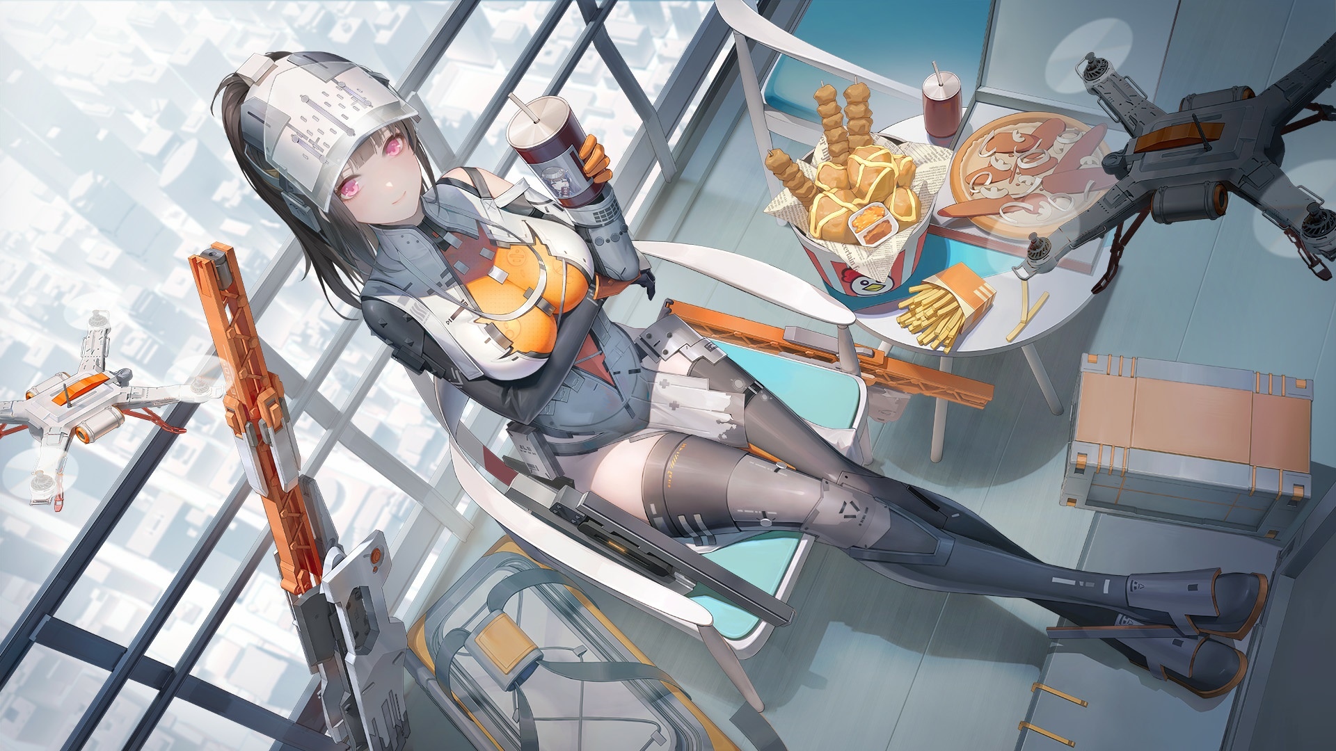 Girl in futuristic armor with guns and fast food HD Wallpaper