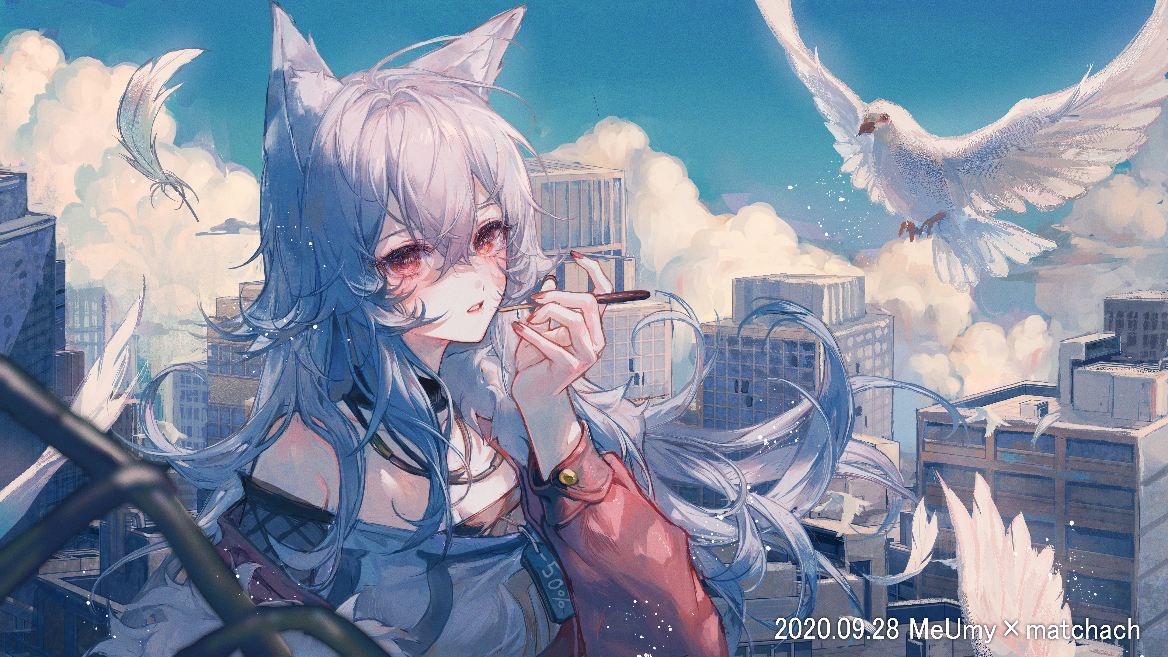 4K Fox Girl with Birds and Buildings HD Wallpaper