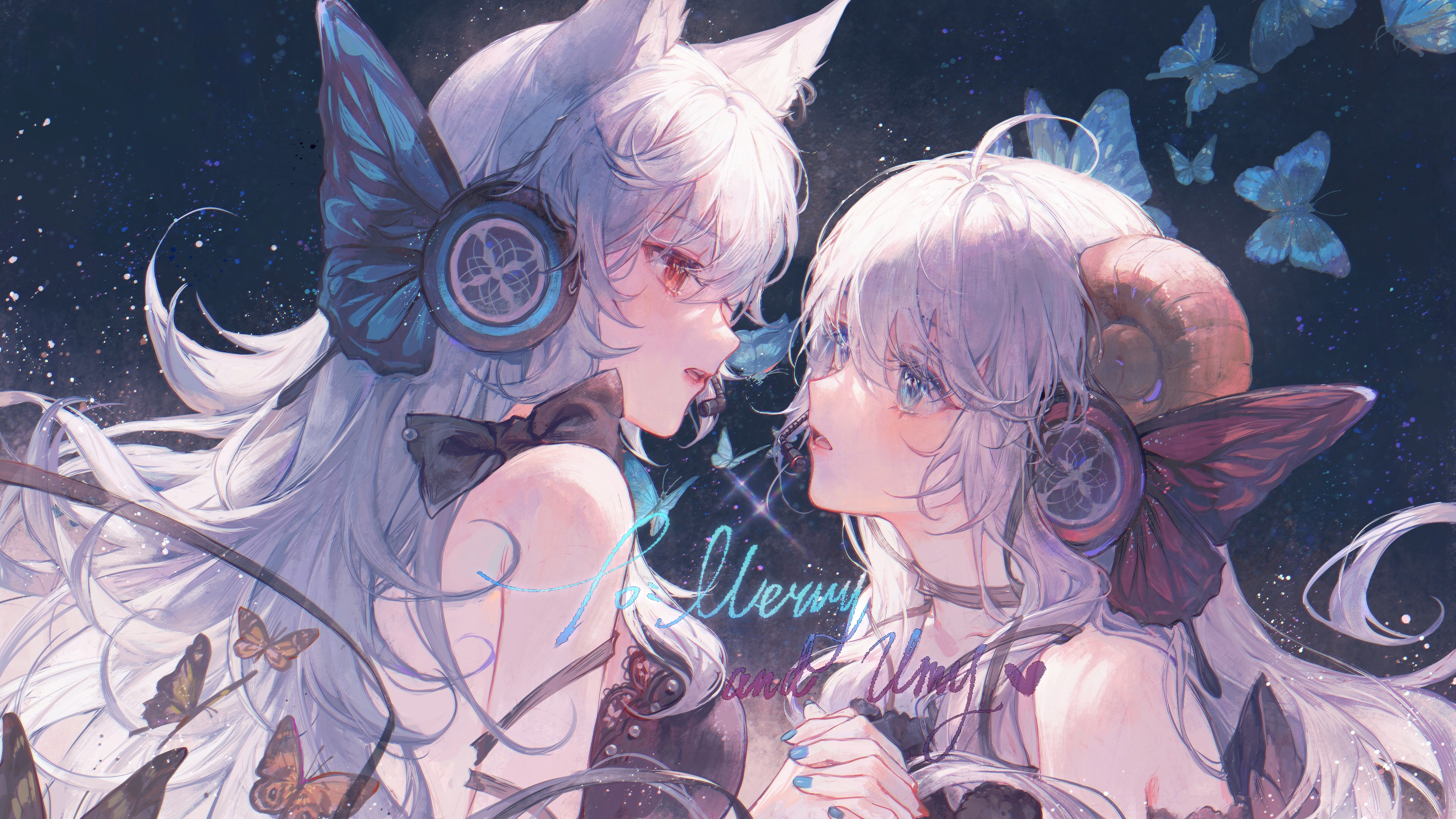 4K anime girls with fox ears and horns HD Wallpaper