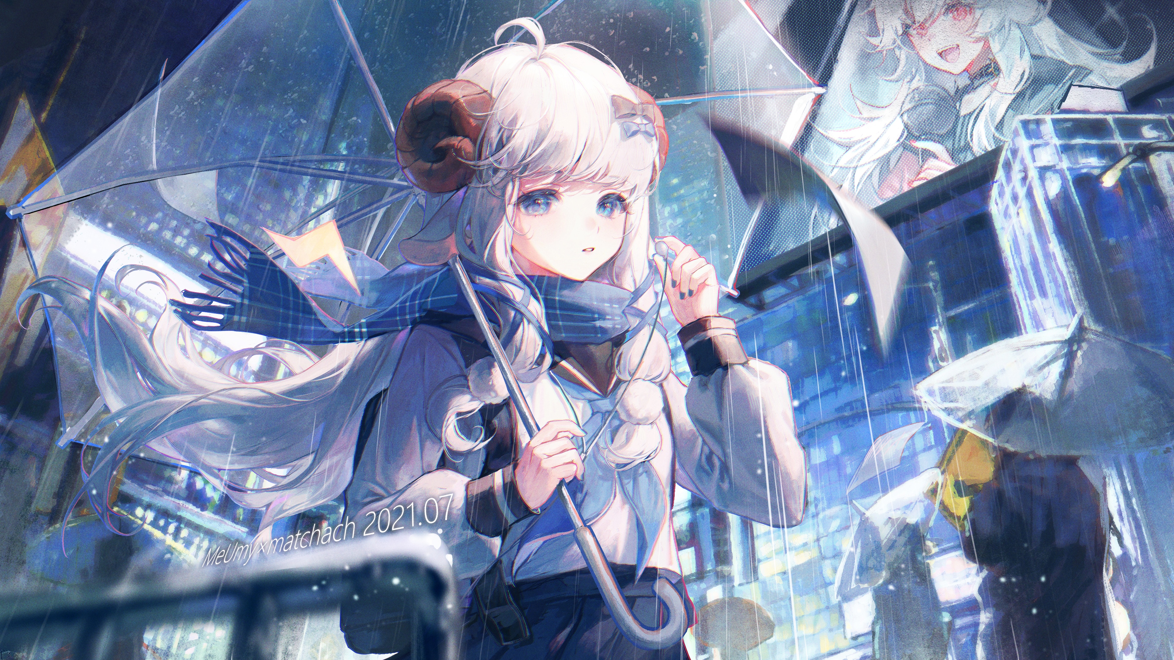 Anime girl with horns and scarf in the rain HD Wallpaper