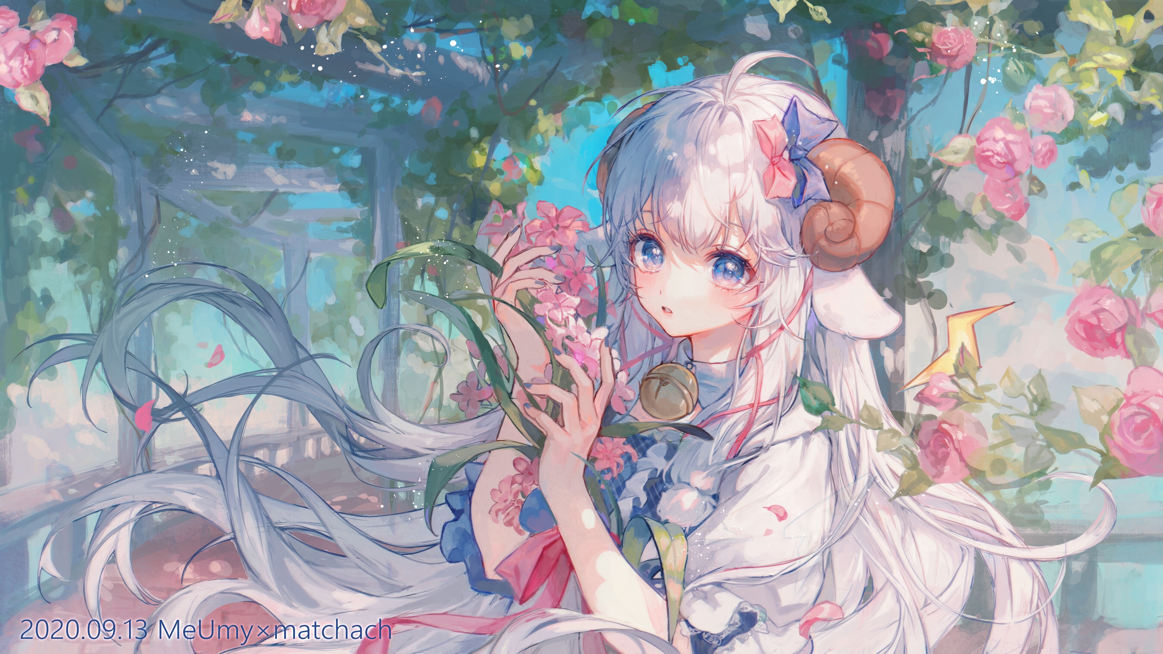 Anime girl with horns and flowers HD Wallpaper