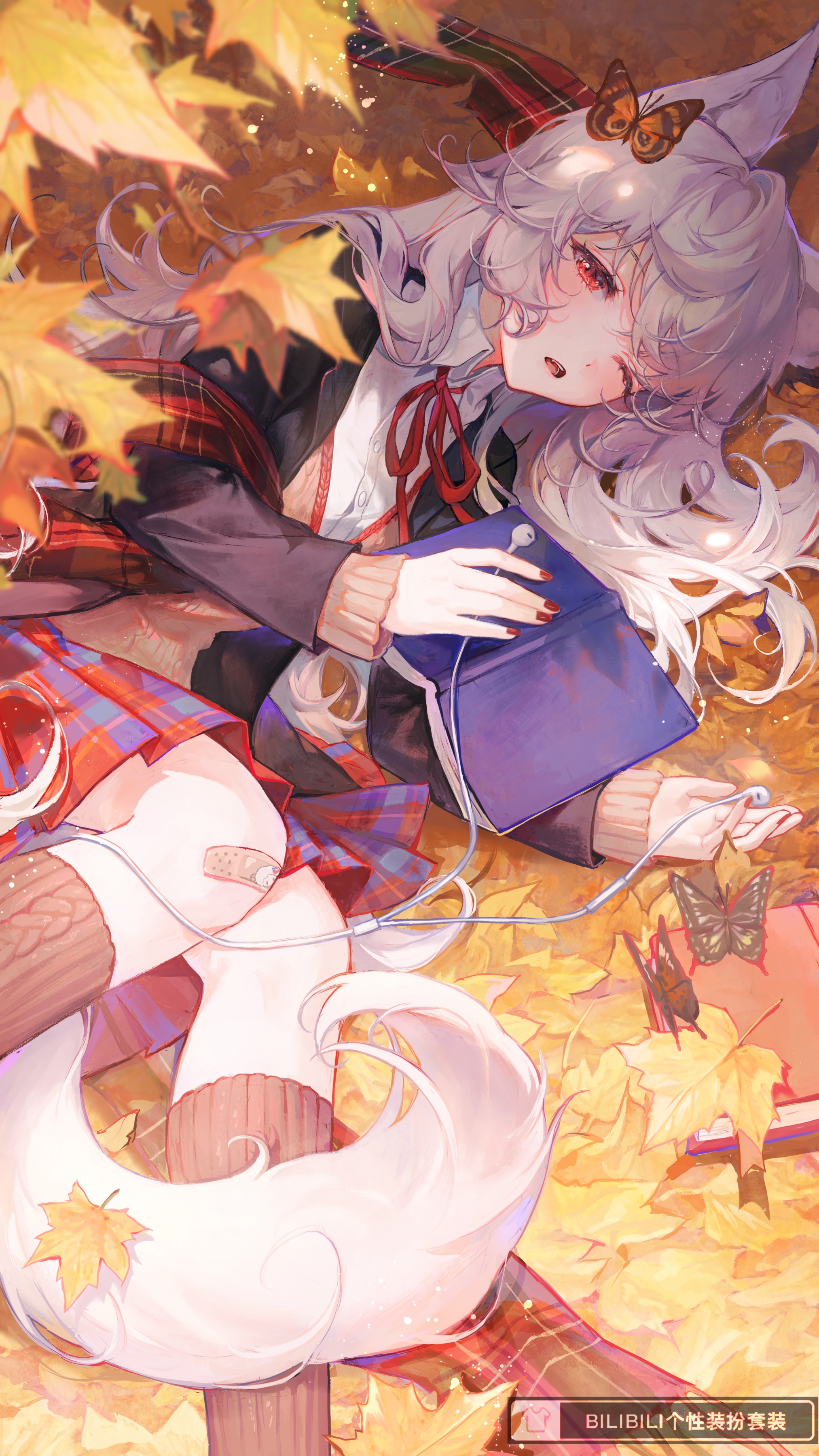 Fox girl in school uniform with butterflies and leaves HD Phone Wallpaper
