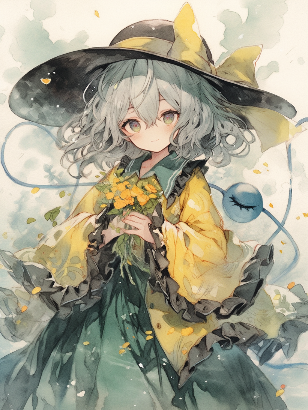 Komeiji Koishi from Touhou holding flowers HD Phone Wallpaper