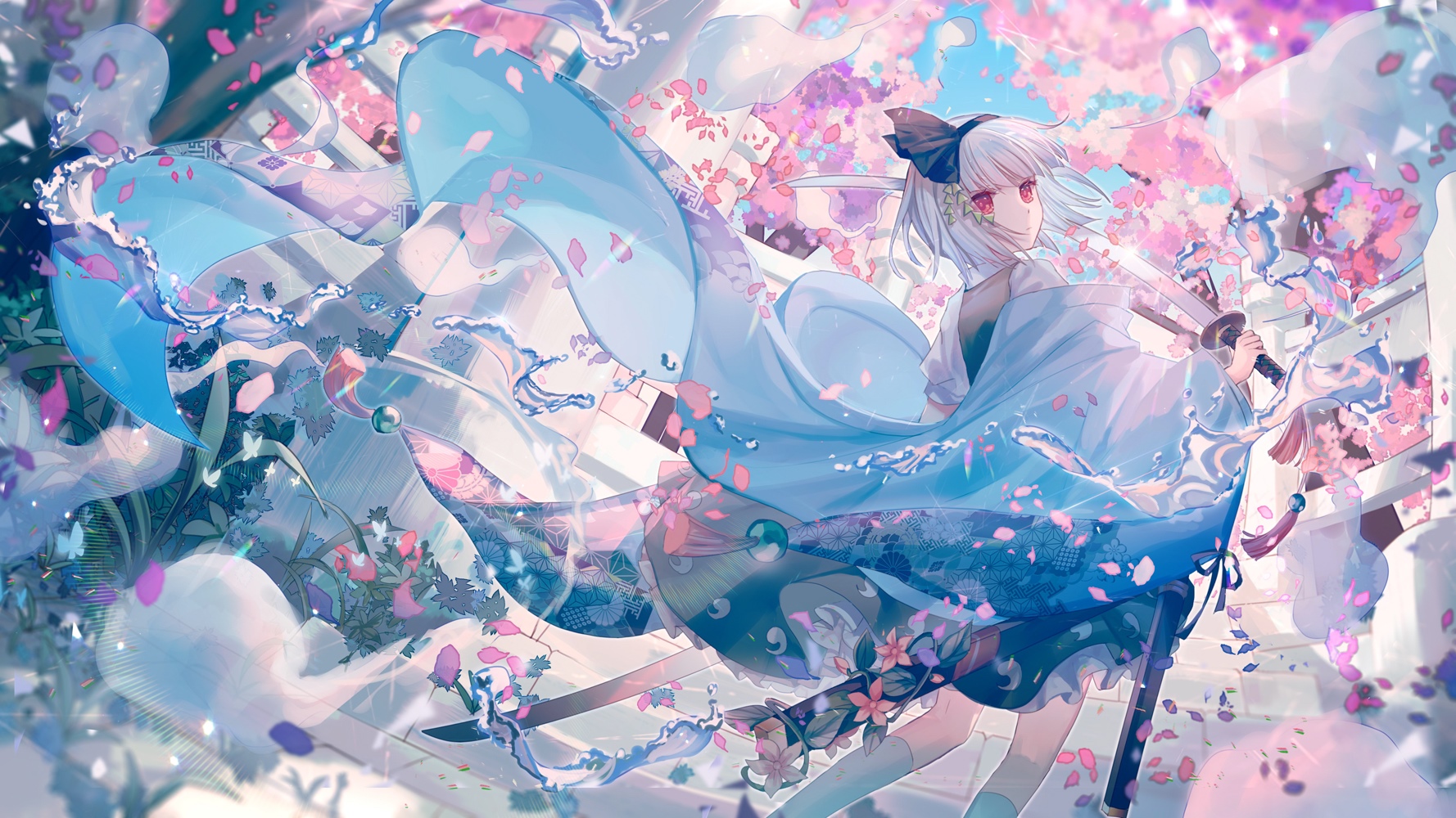 Konpaku Youmu with sword and cherry blossoms HD Wallpaper