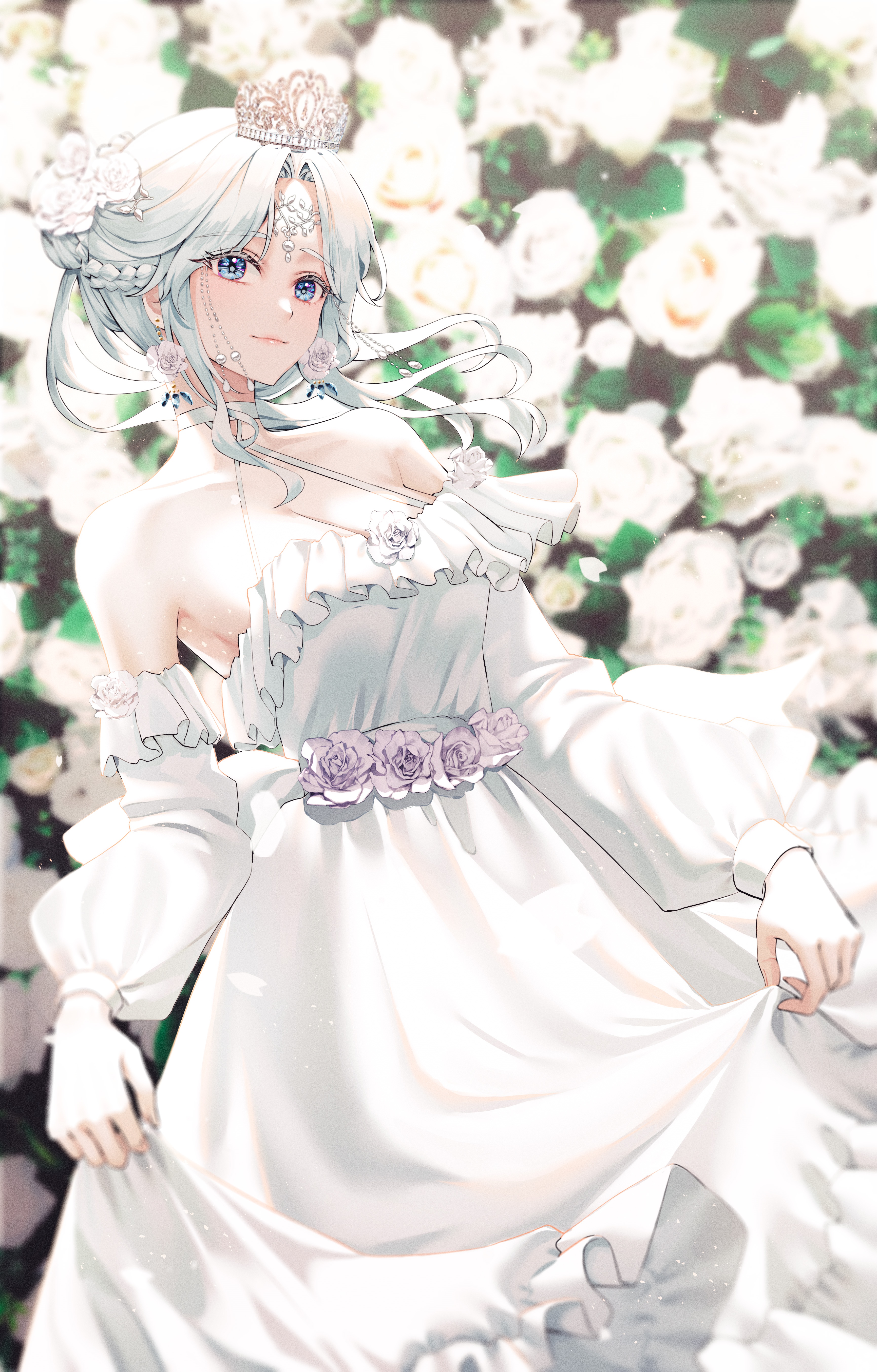 Anime girl in white dress with tiara and flowers HD Phone Wallpaper