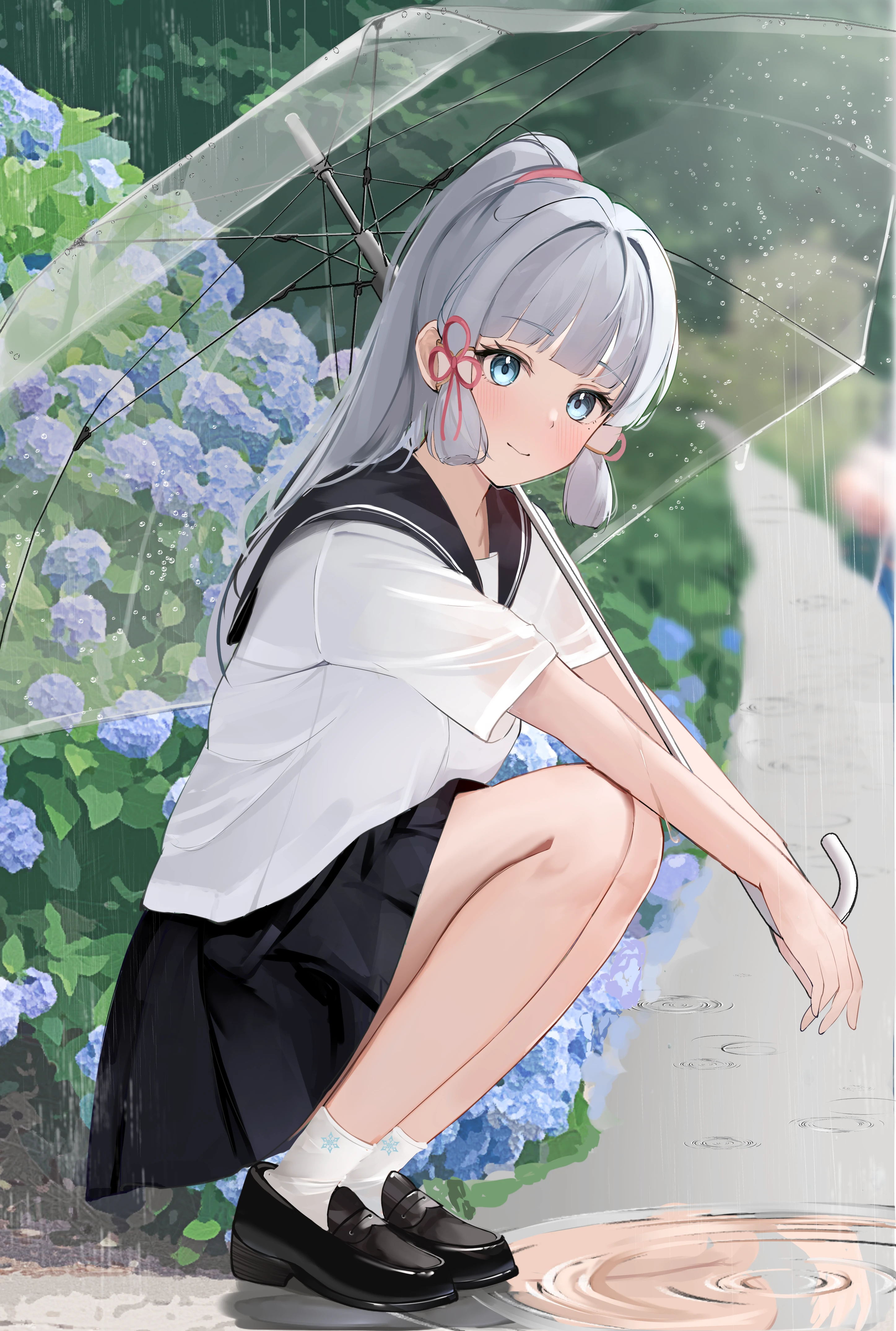 Kamisato Ayaka under an umbrella in the rain HD Phone Wallpaper