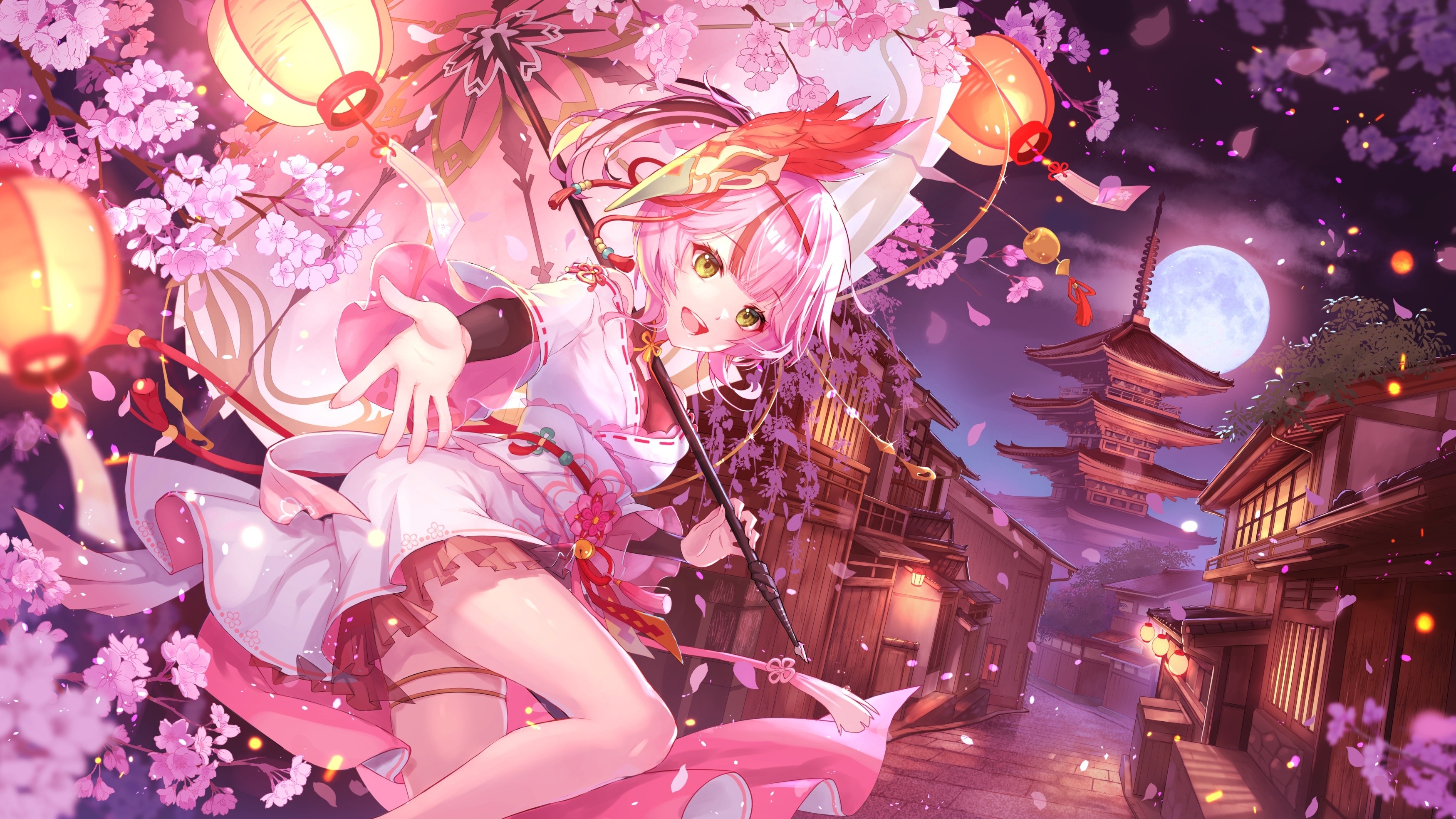 Anime girl with pink hair and umbrella under cherry blossoms HD Wallpaper