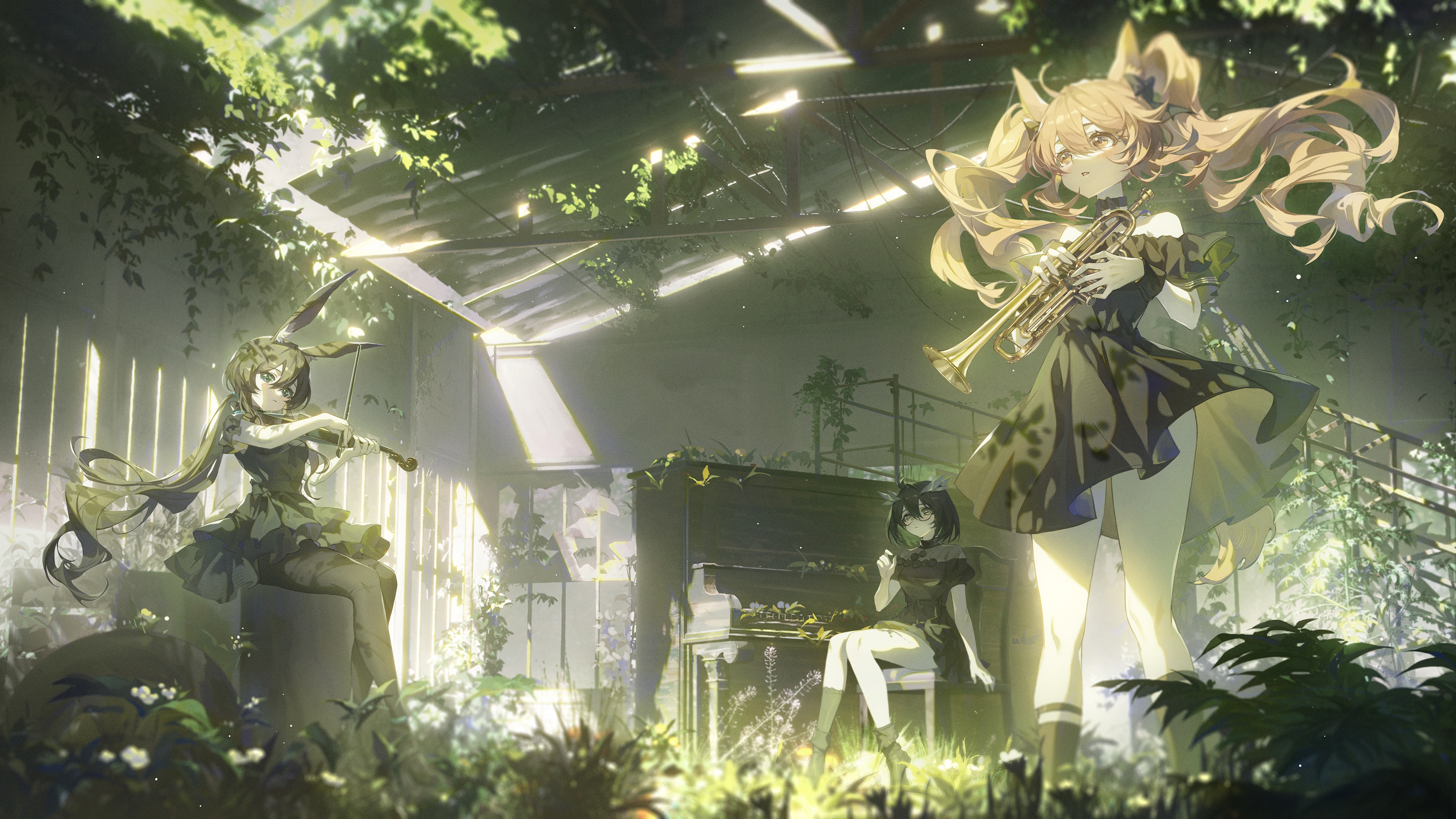 Arknights characters playing music in a greenhouse HD Wallpaper