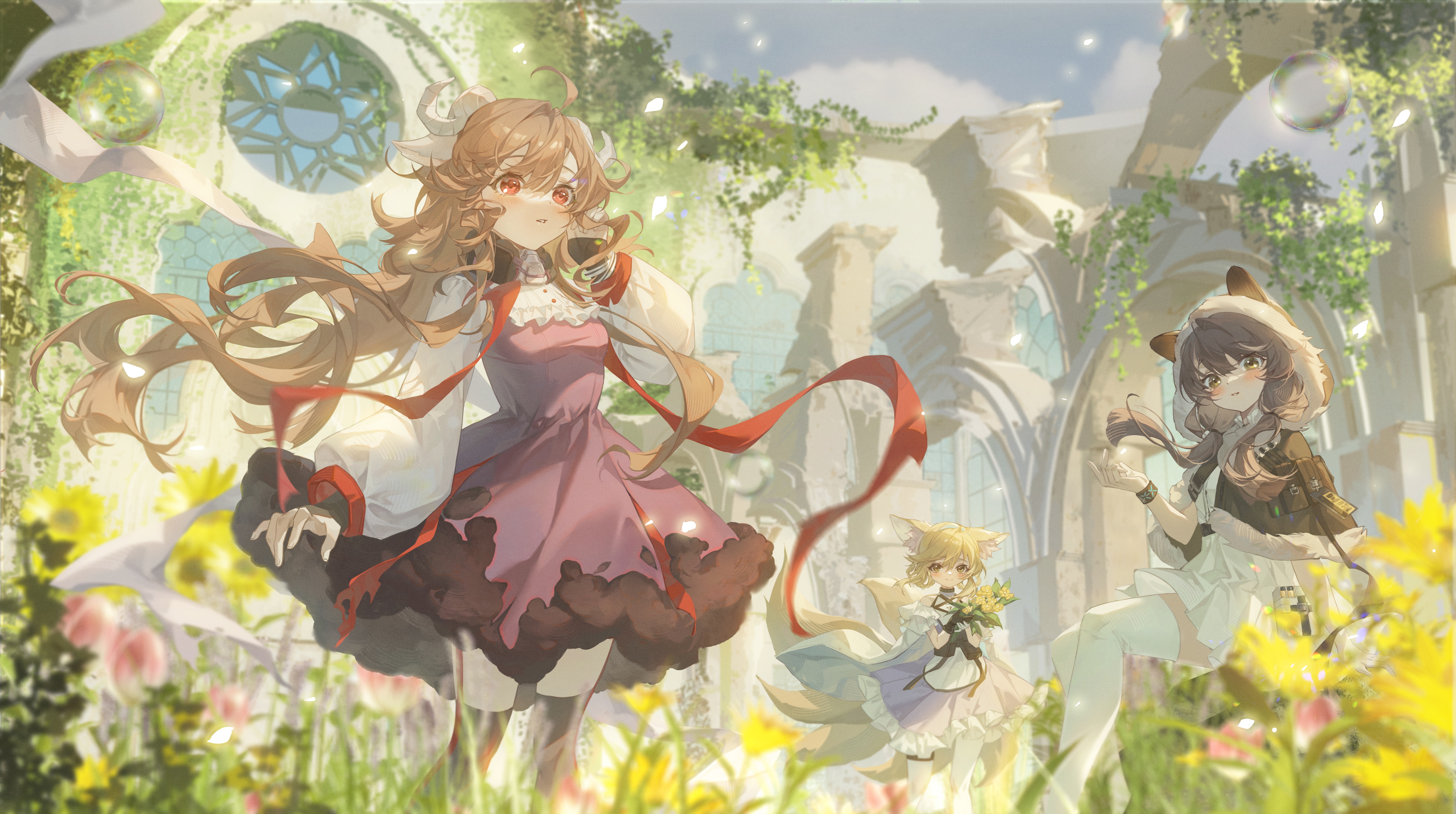 Arknights characters in a garden with ruins HD Wallpaper