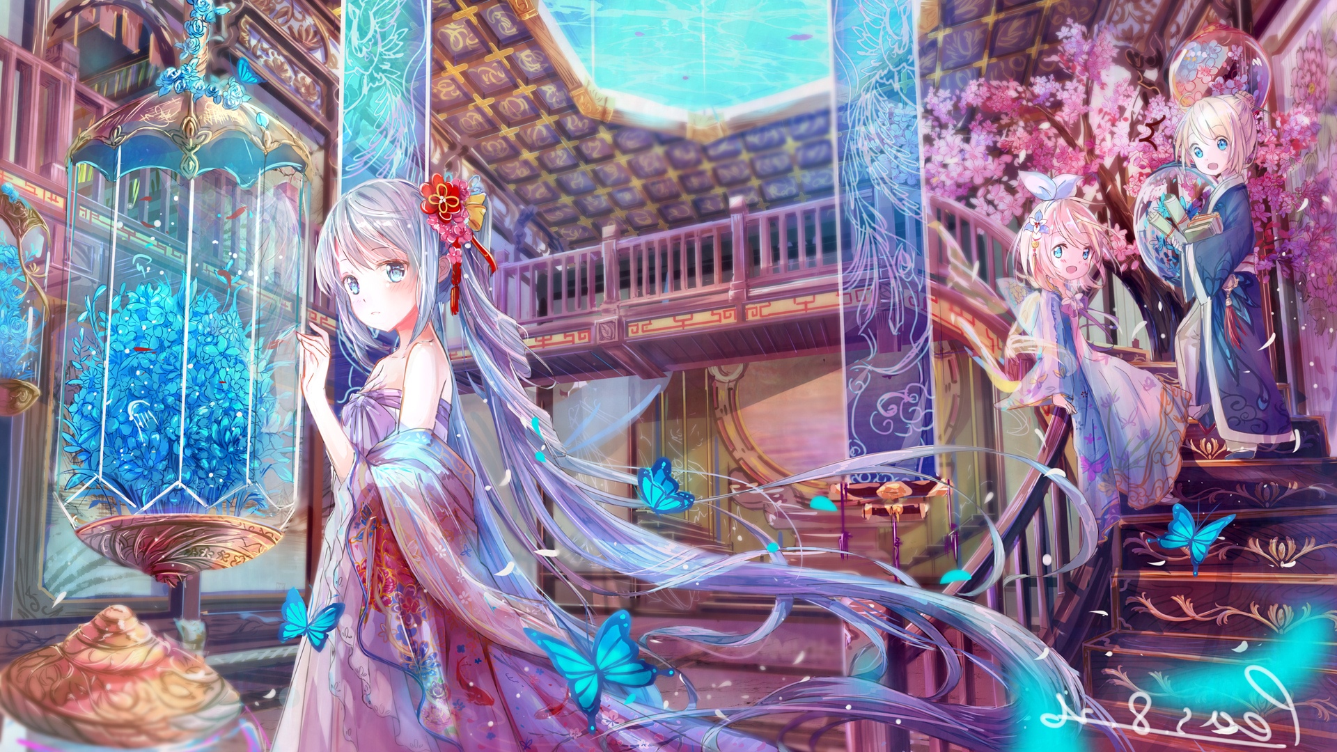 Anime girls in traditional Japanese attire with butterflies HD Wallpaper