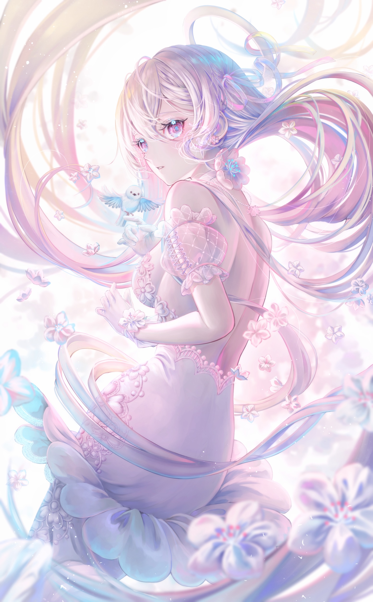Girl in a pink dress with flowers and a bird HD Phone Wallpaper