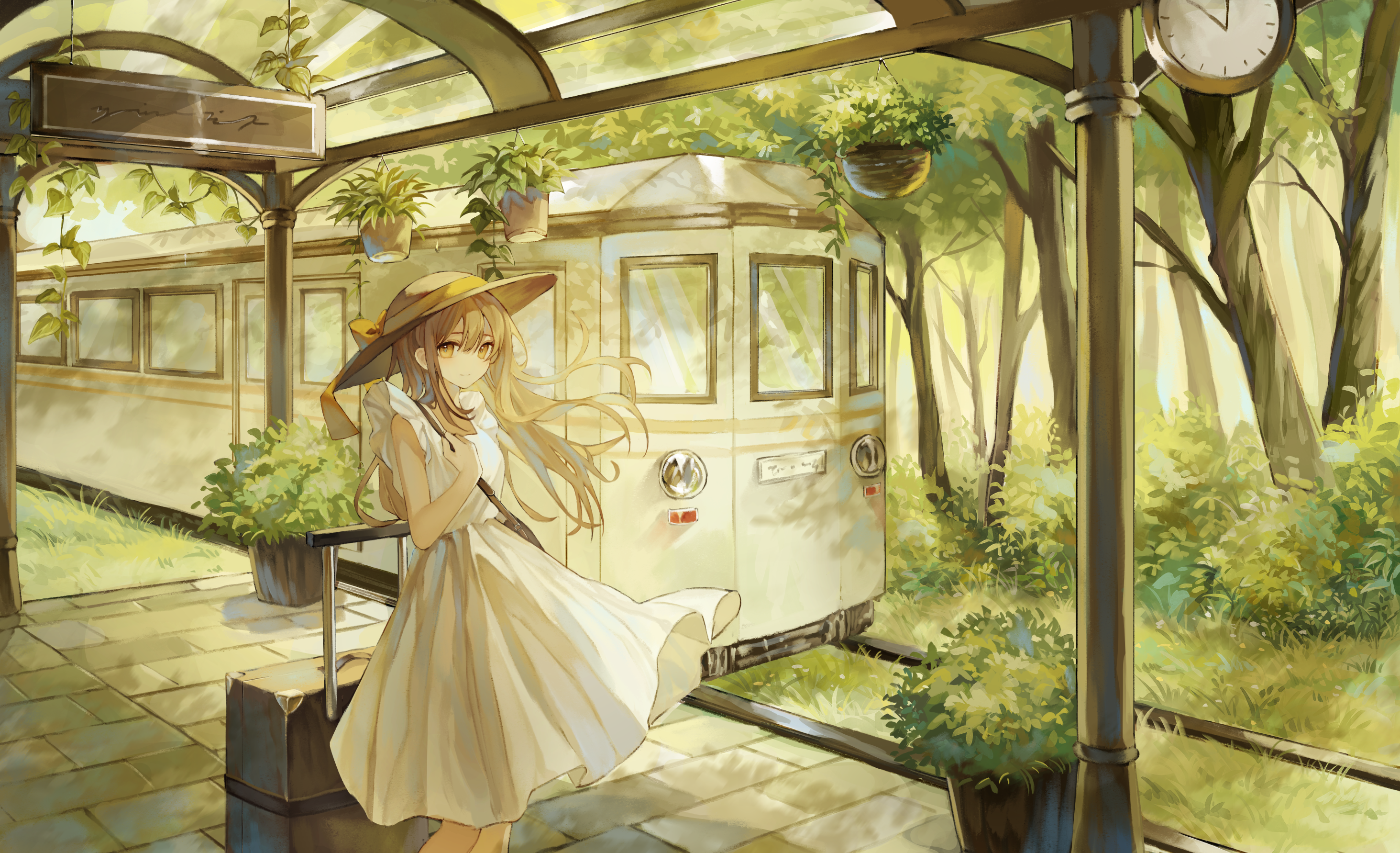 Girl with hat and suitcase at a train station HD Wallpaper