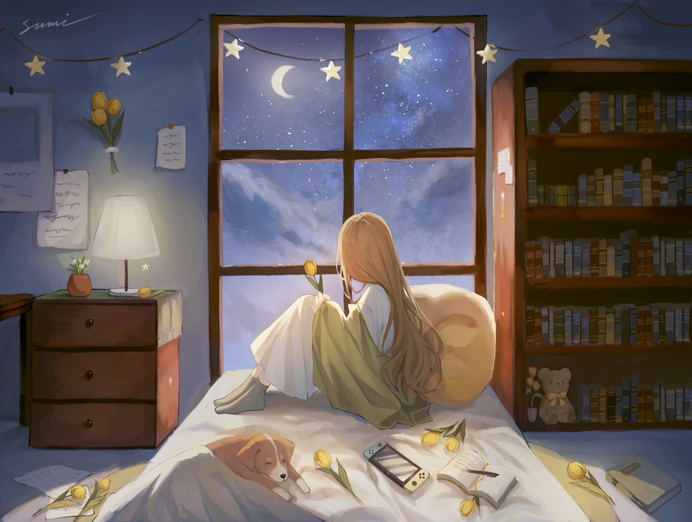 Girl in room with dog, Nintendo Switch, and books HD Wallpaper
